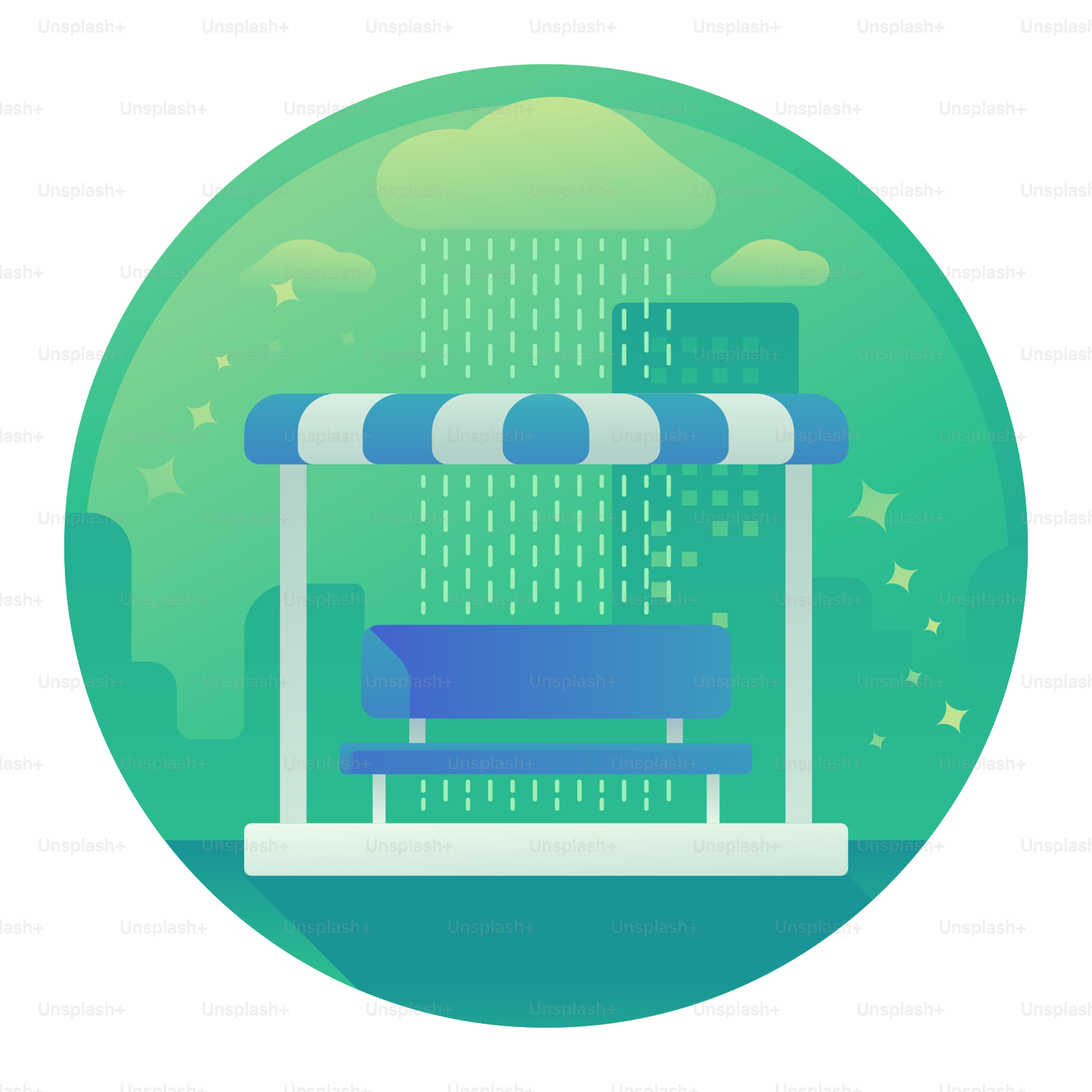 A blue and white bench under a blue and white umbrella