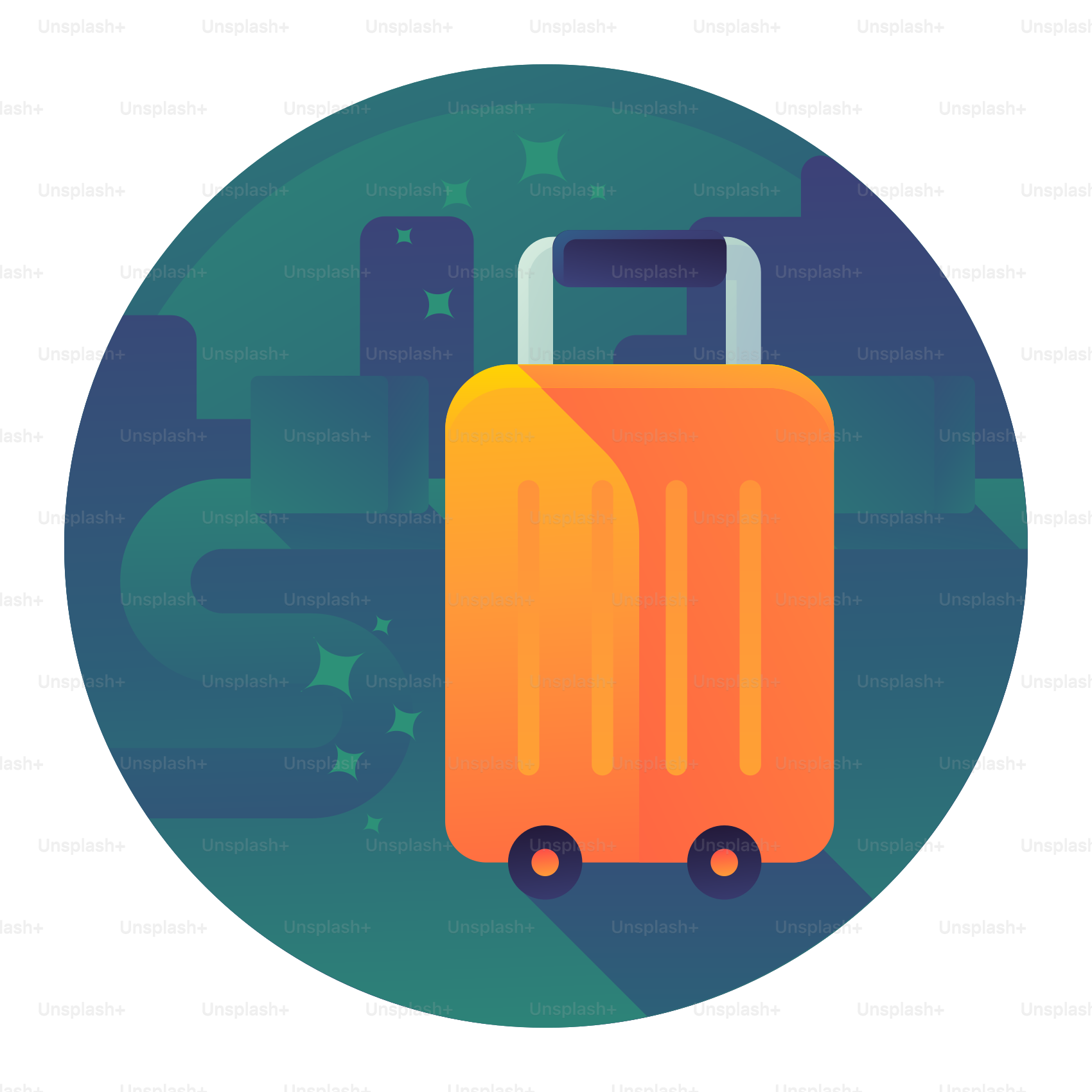 A yellow suitcase with wheels on a blue background