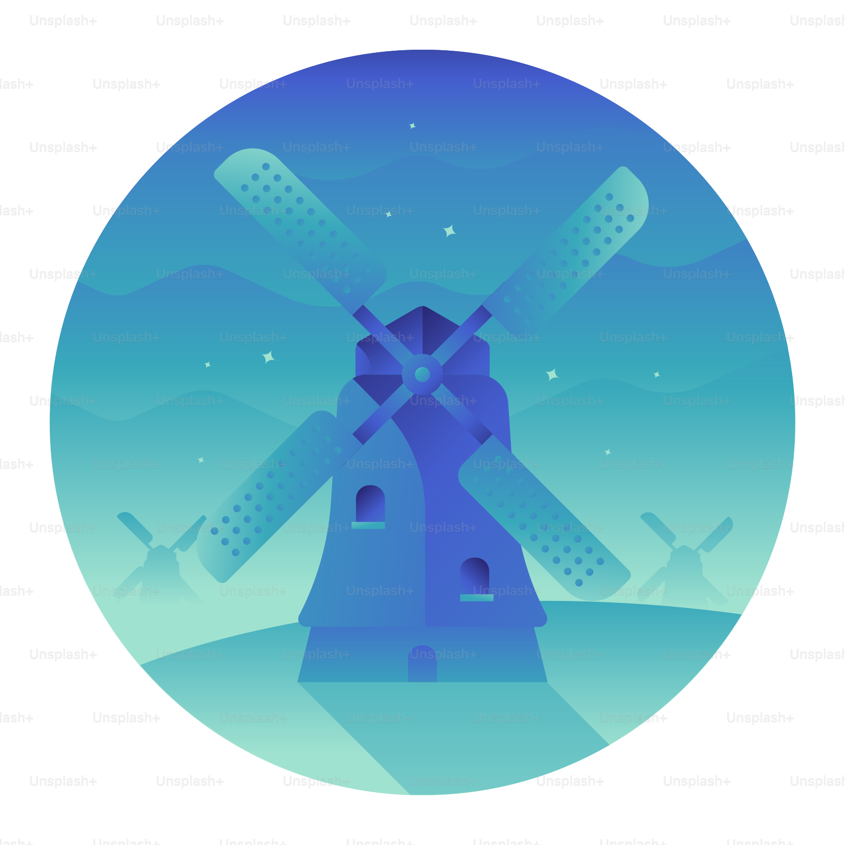 Un molino de viento en un círculo con un fondo de cielo