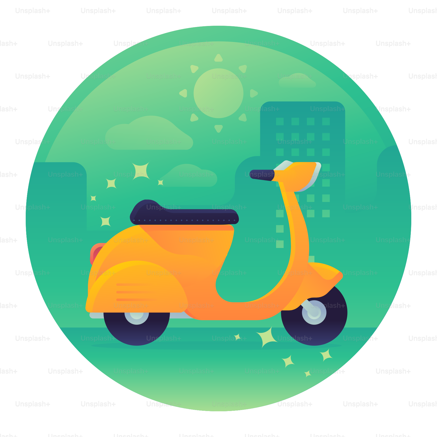 A yellow scooter with a city in the background