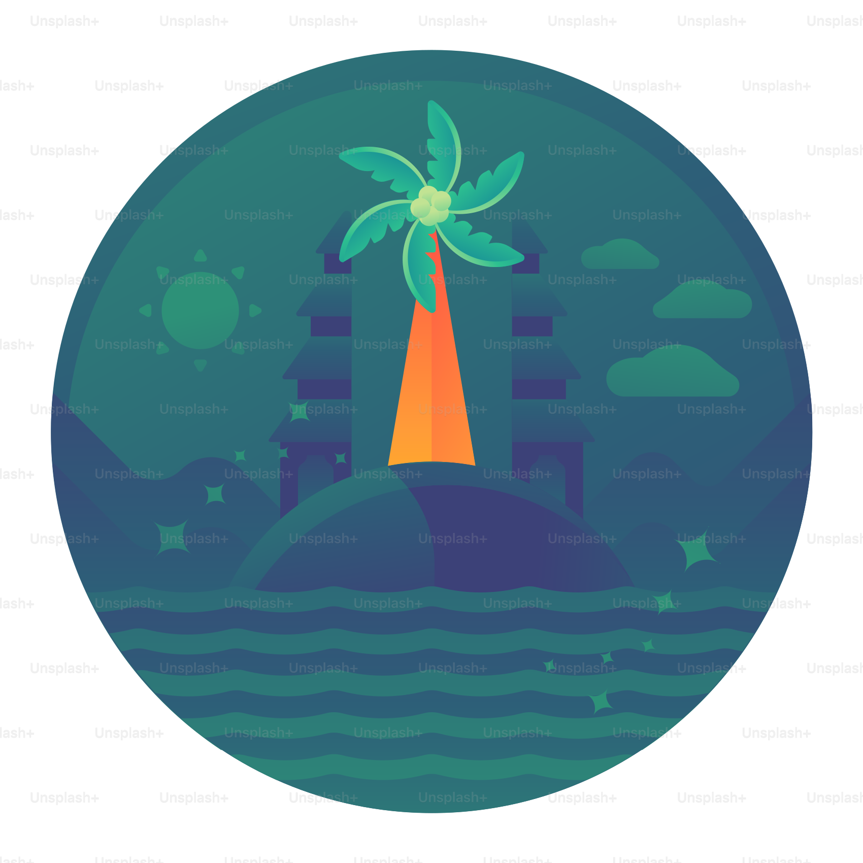 A picture of a palm tree in a circle