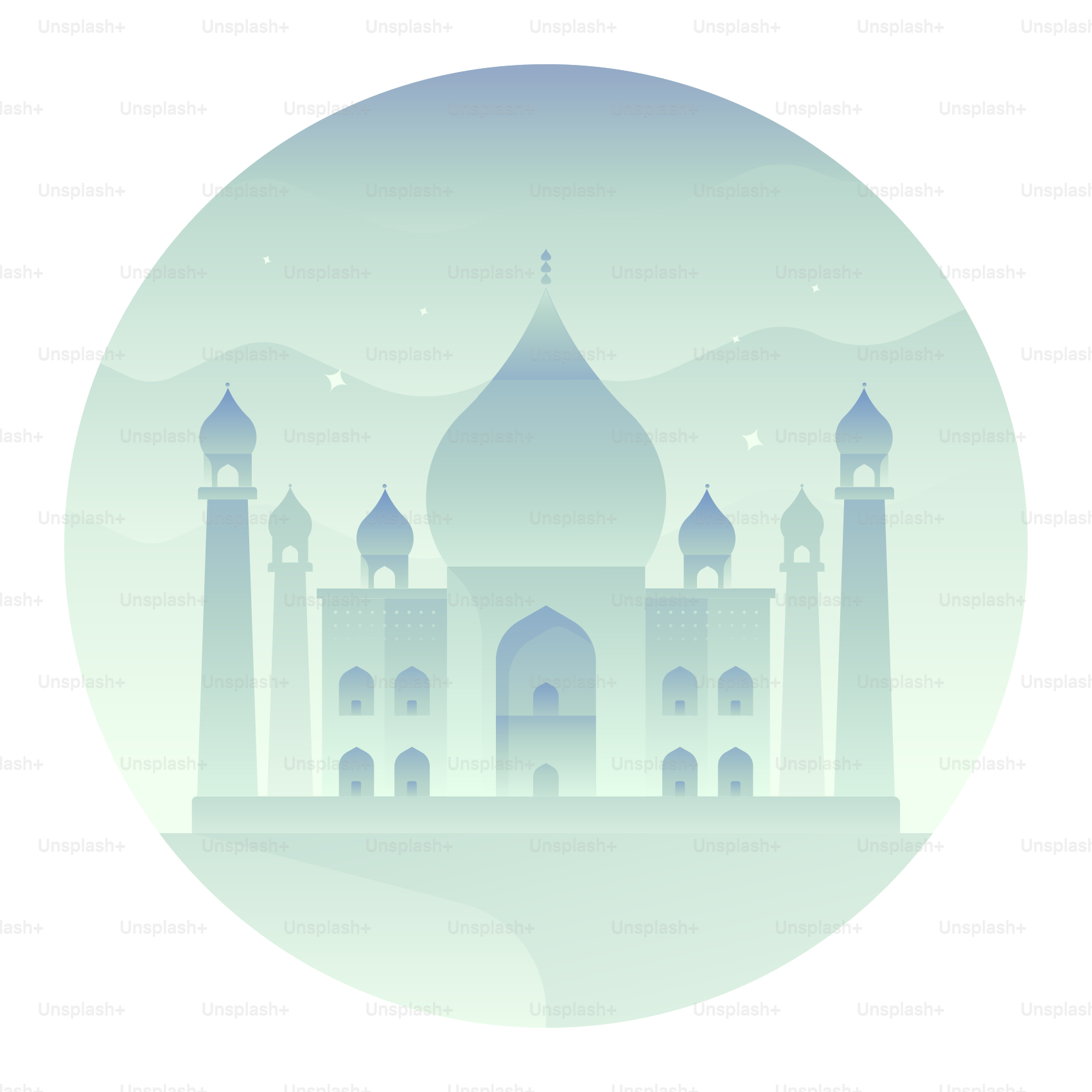 A blue and white picture of a mosque