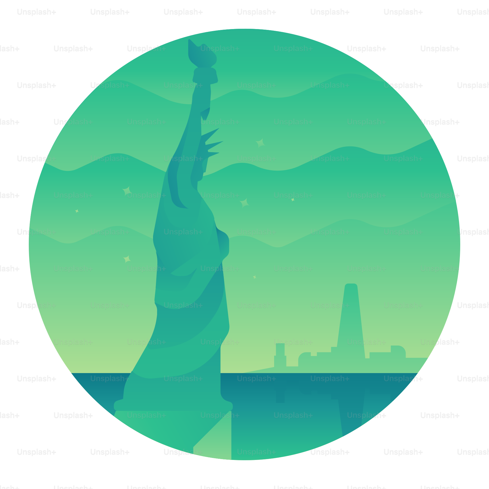 A picture of the statue of liberty in a circle