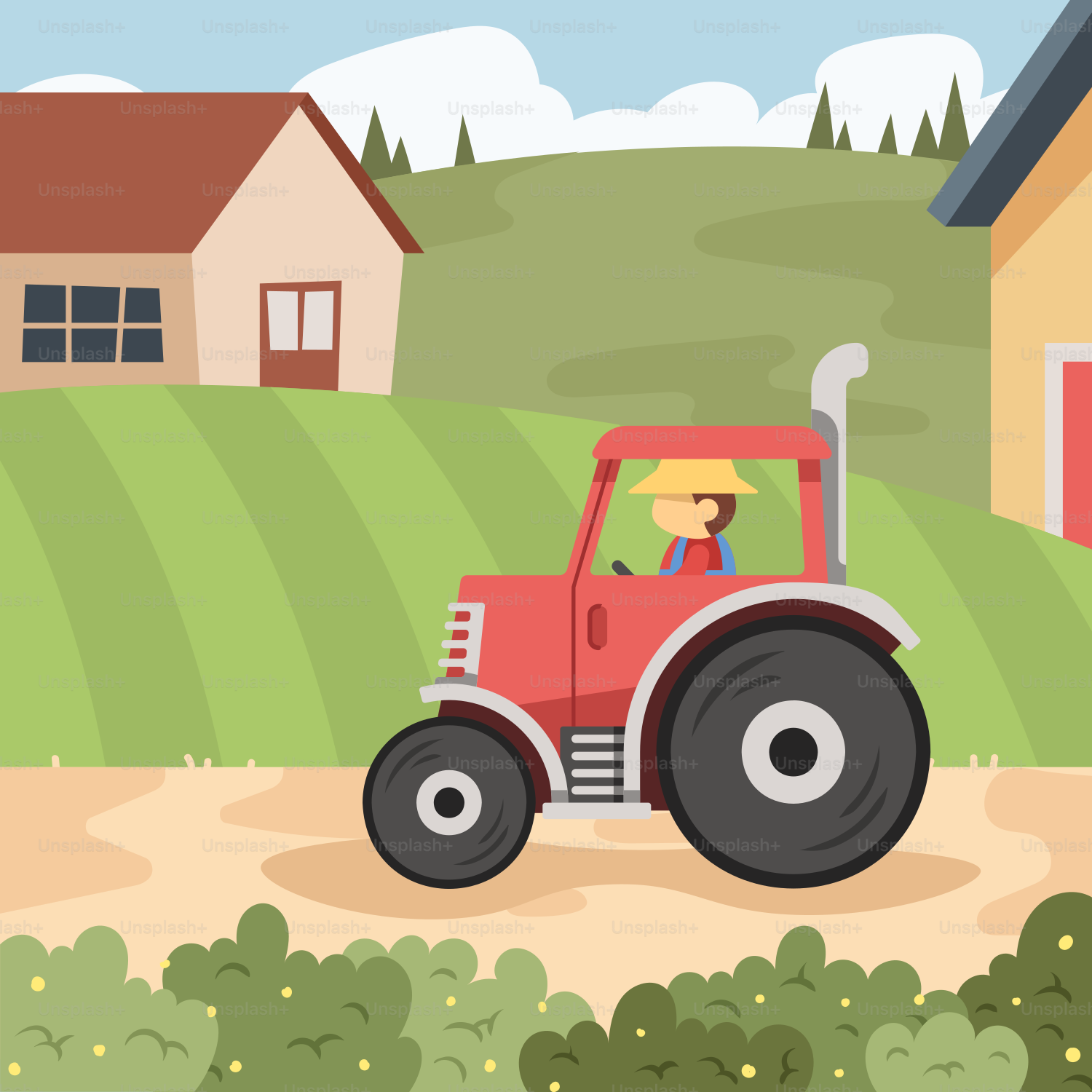 A man driving a red tractor across a lush green field