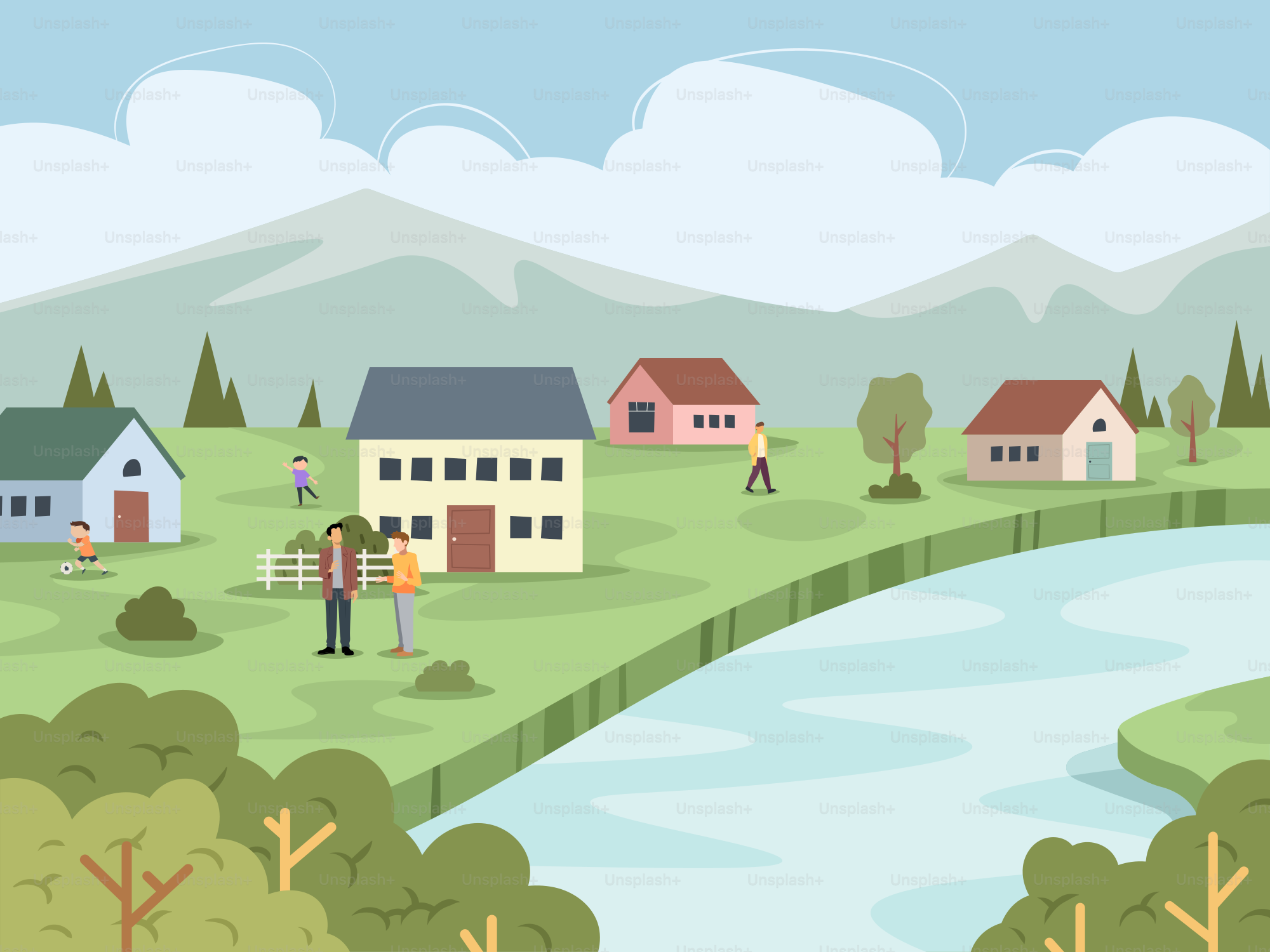 Eine kleine Stadt, durch die ein Fluss fließt