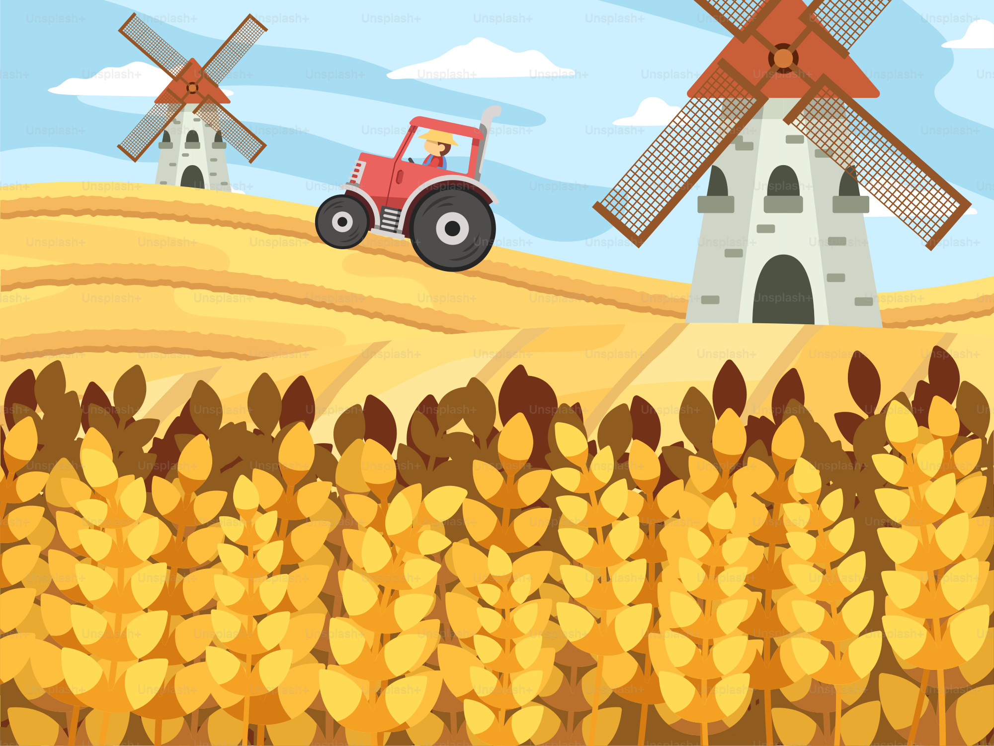 Una escena de granja con un tractor y un molino de viento vector – Imagen  de Nubes en Unsplash, image size:3000x2250