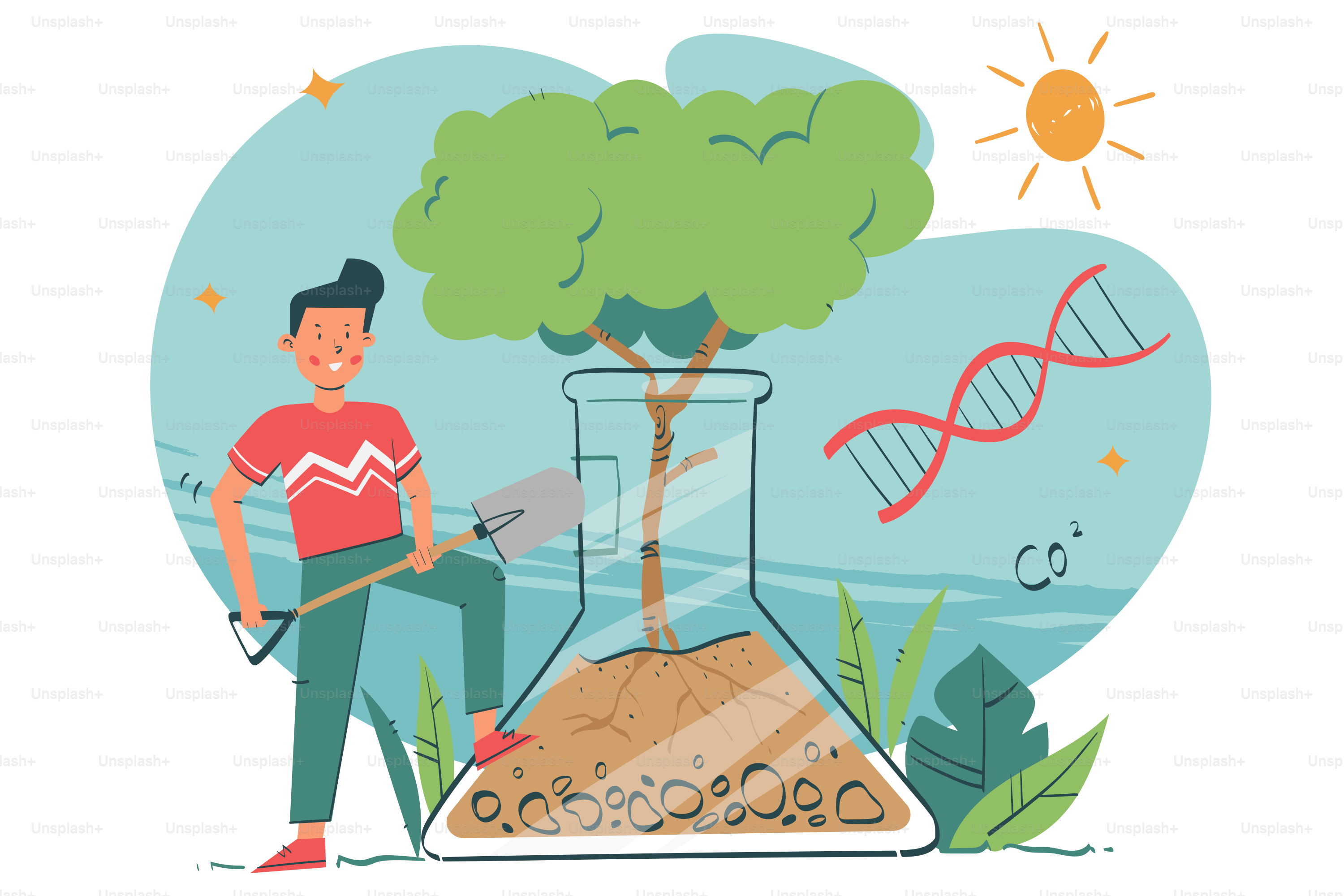 木の前にシャベルを持つ男