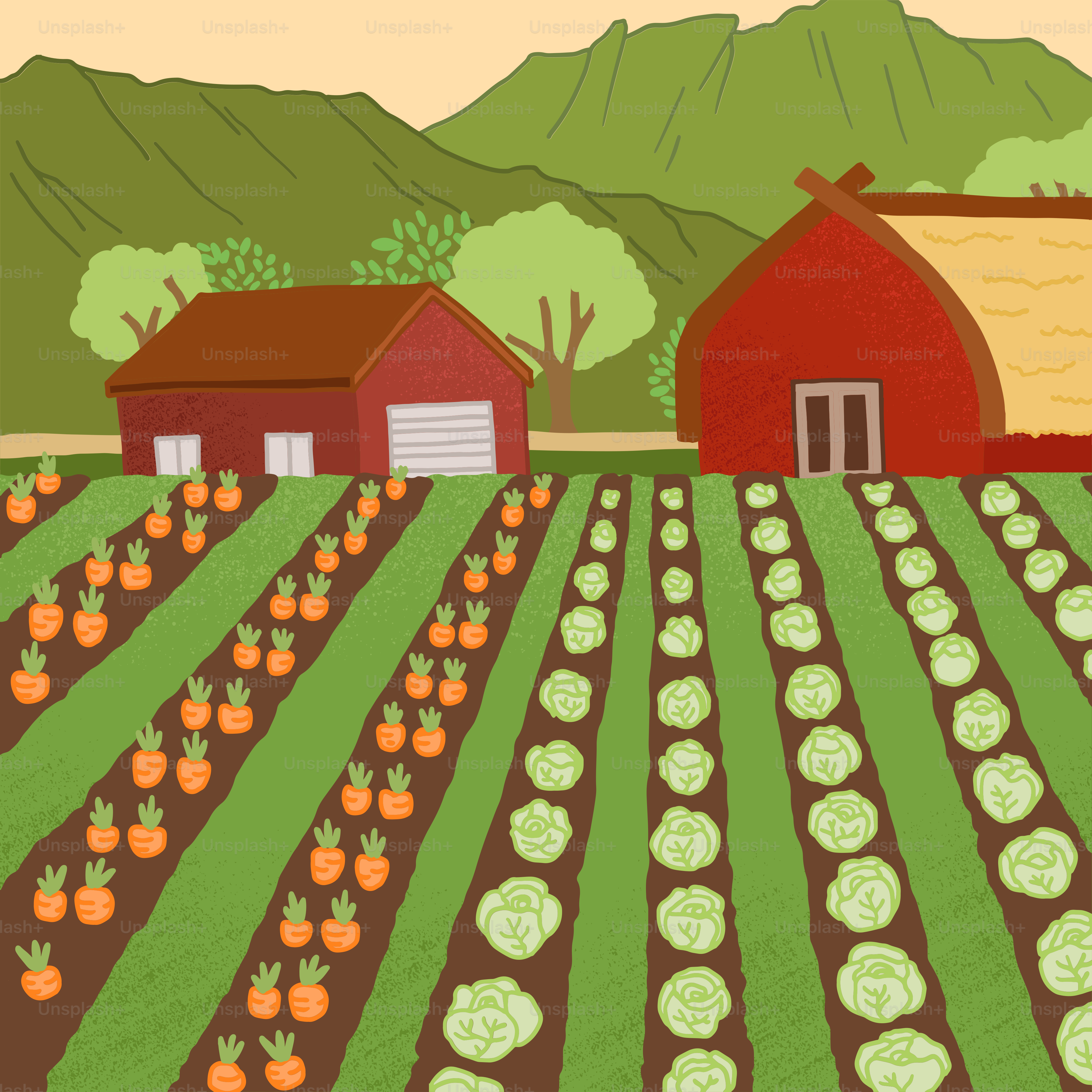 Un dipinto di una fattoria con un fienile rosso