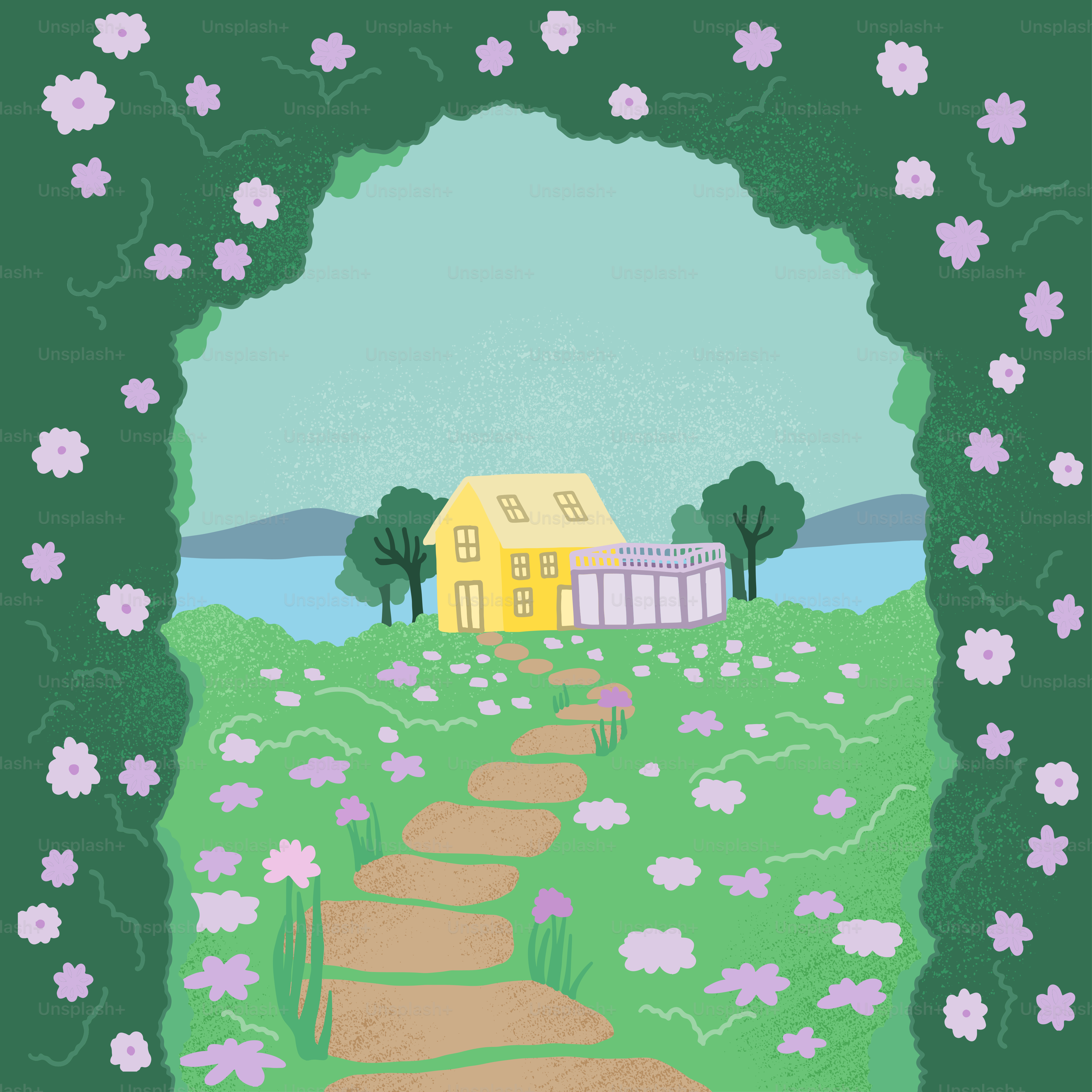 Ein Gemälde eines Weges, der zu einem Haus führt