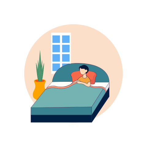 A person sitting on a bed in front of a window