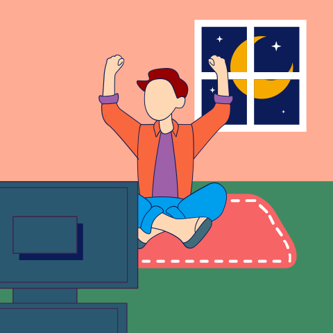 A person sitting on a bed with their arms in the air