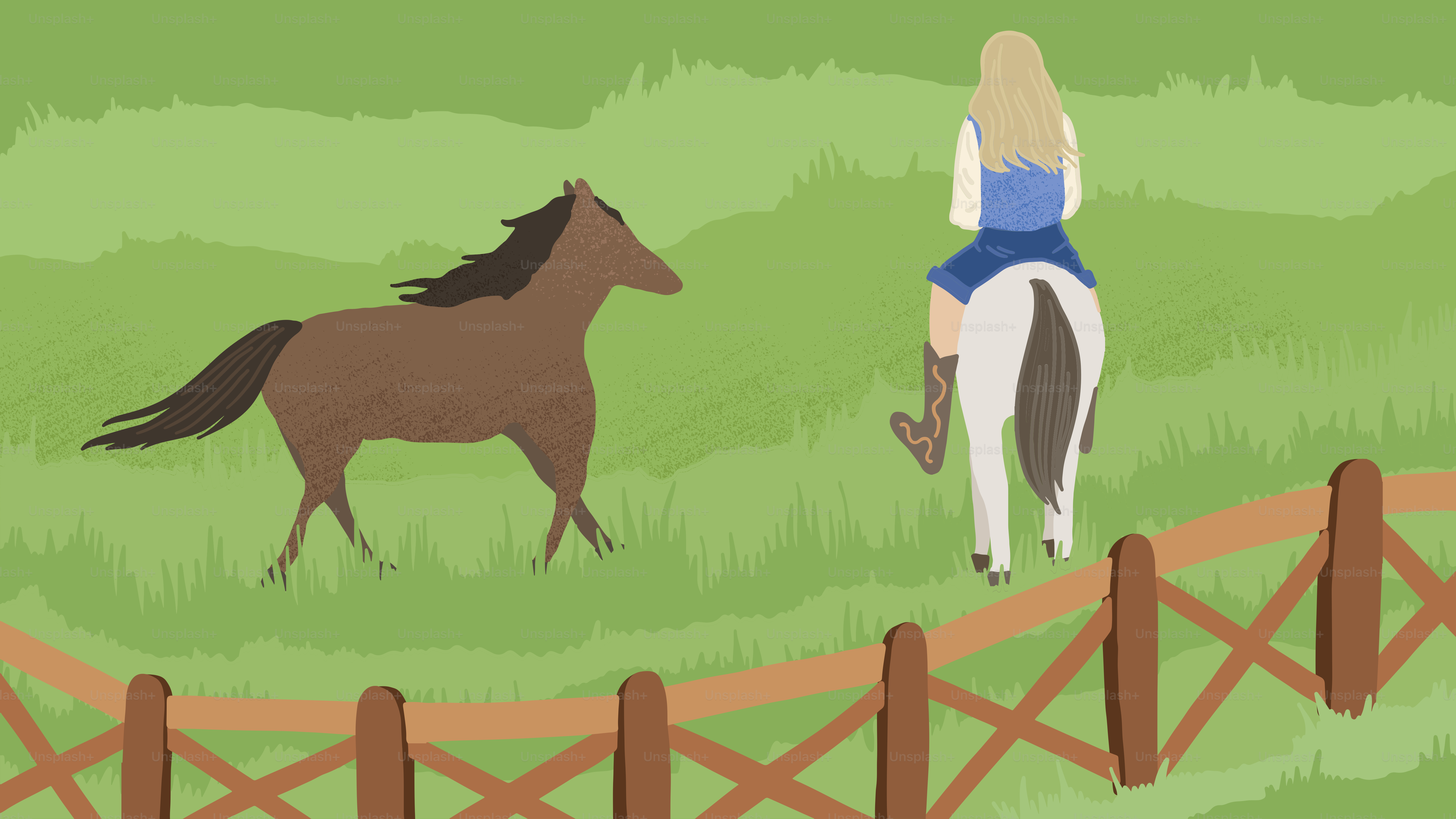 緑豊かな野原を馬に乗って横切る女性
