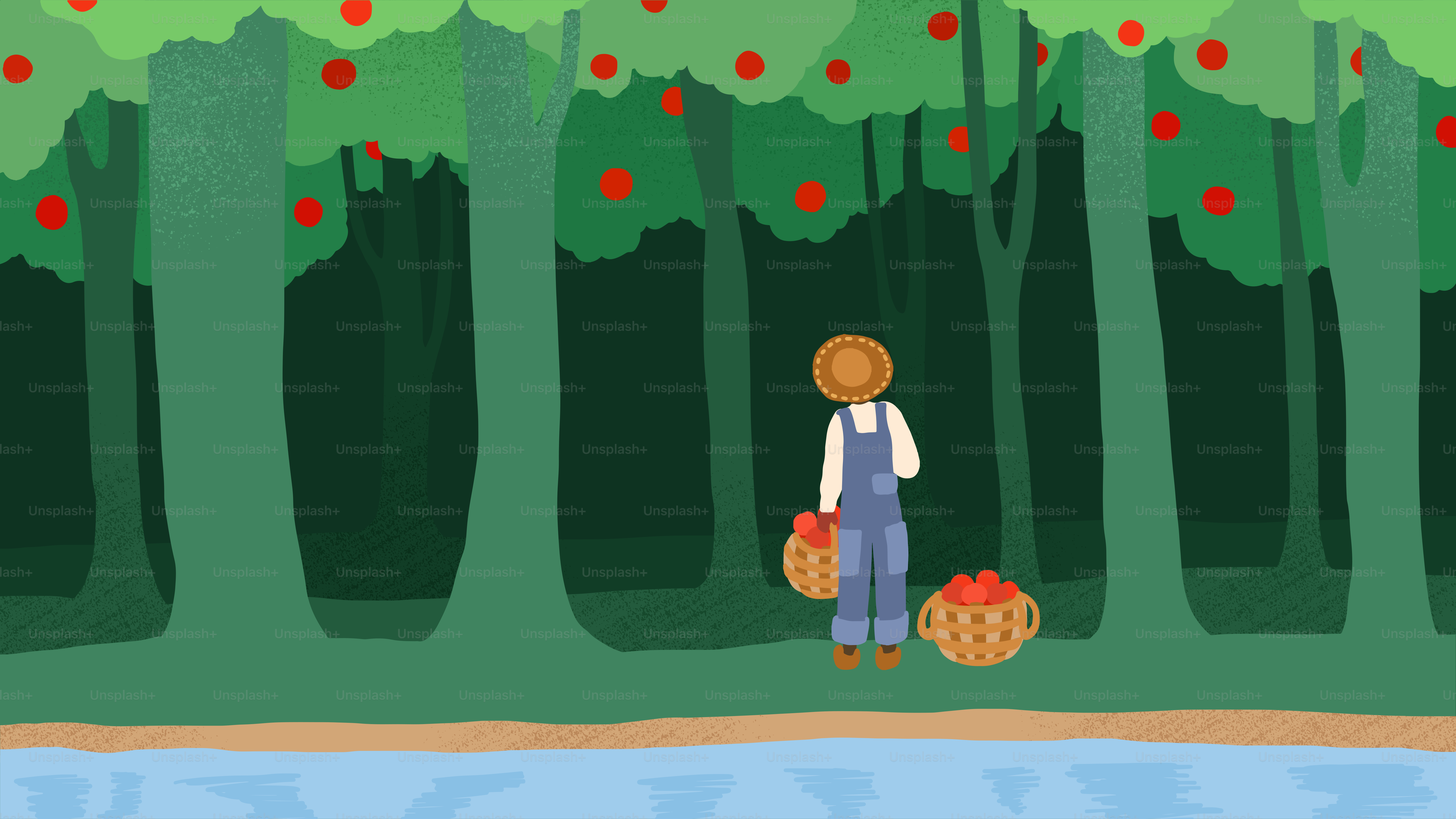 A person standing in front of a forest filled with apples