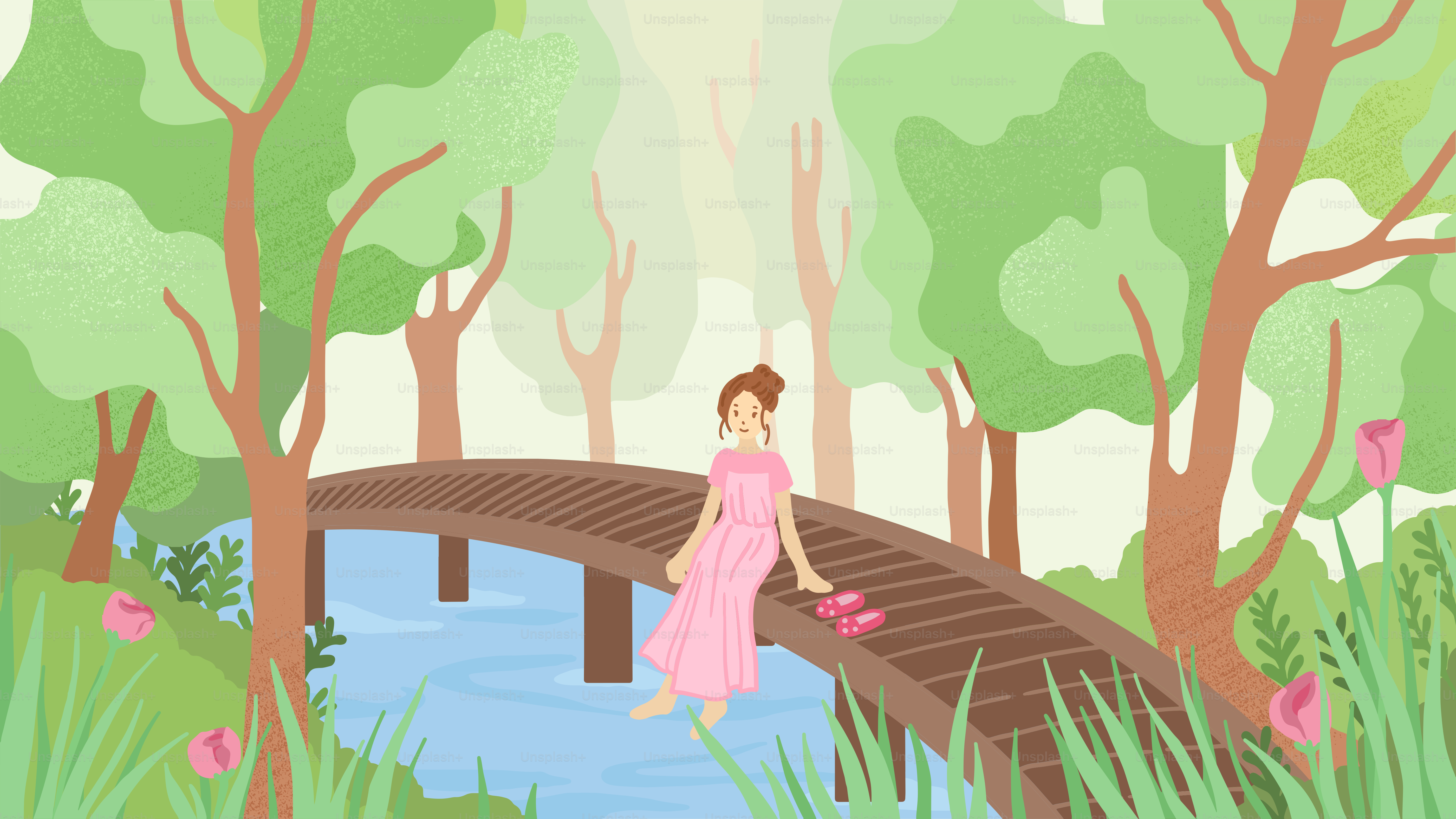 A woman in a pink dress walking across a bridge