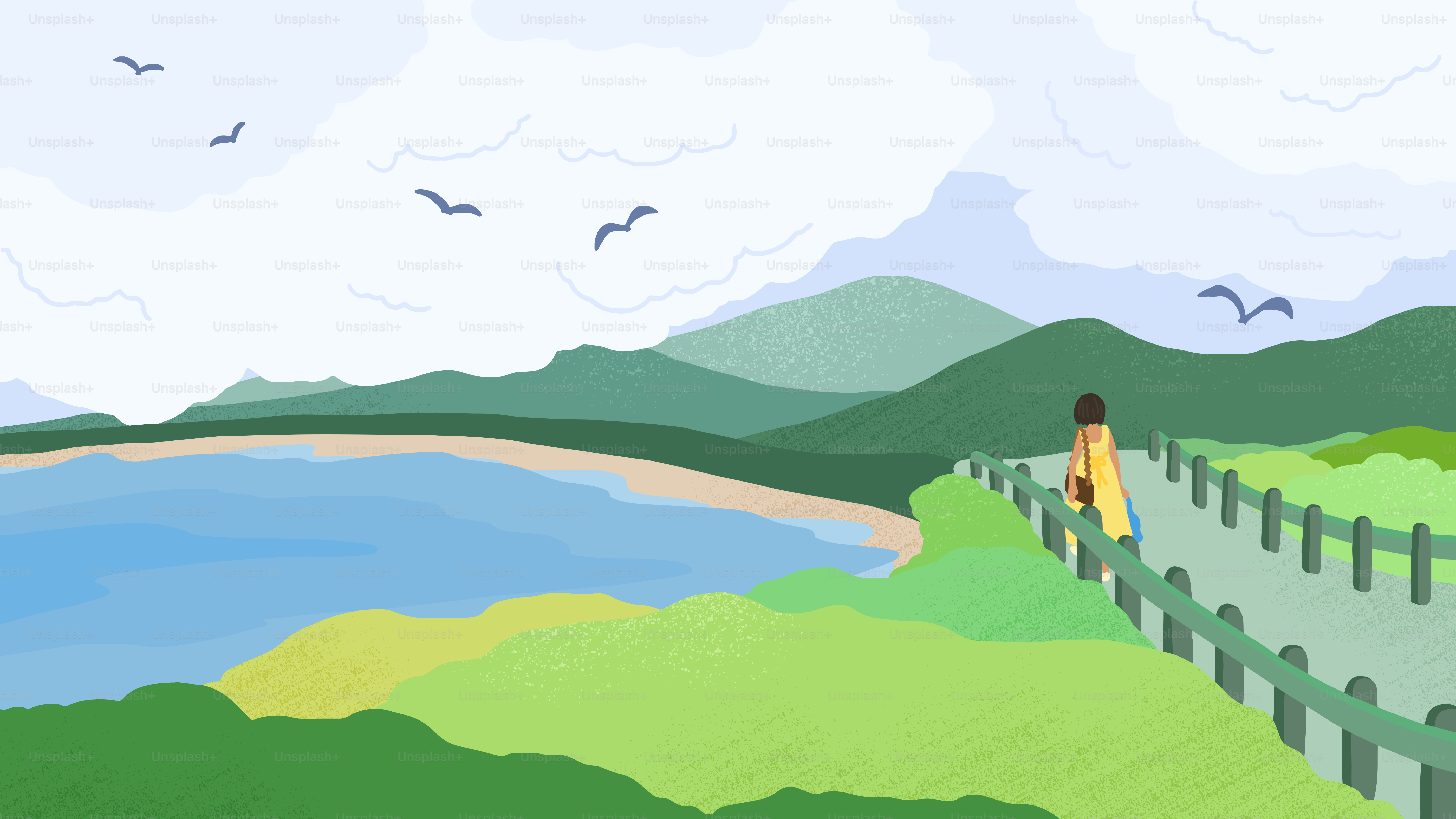 Una pintura de una persona de pie en una colina con vistas a un lago