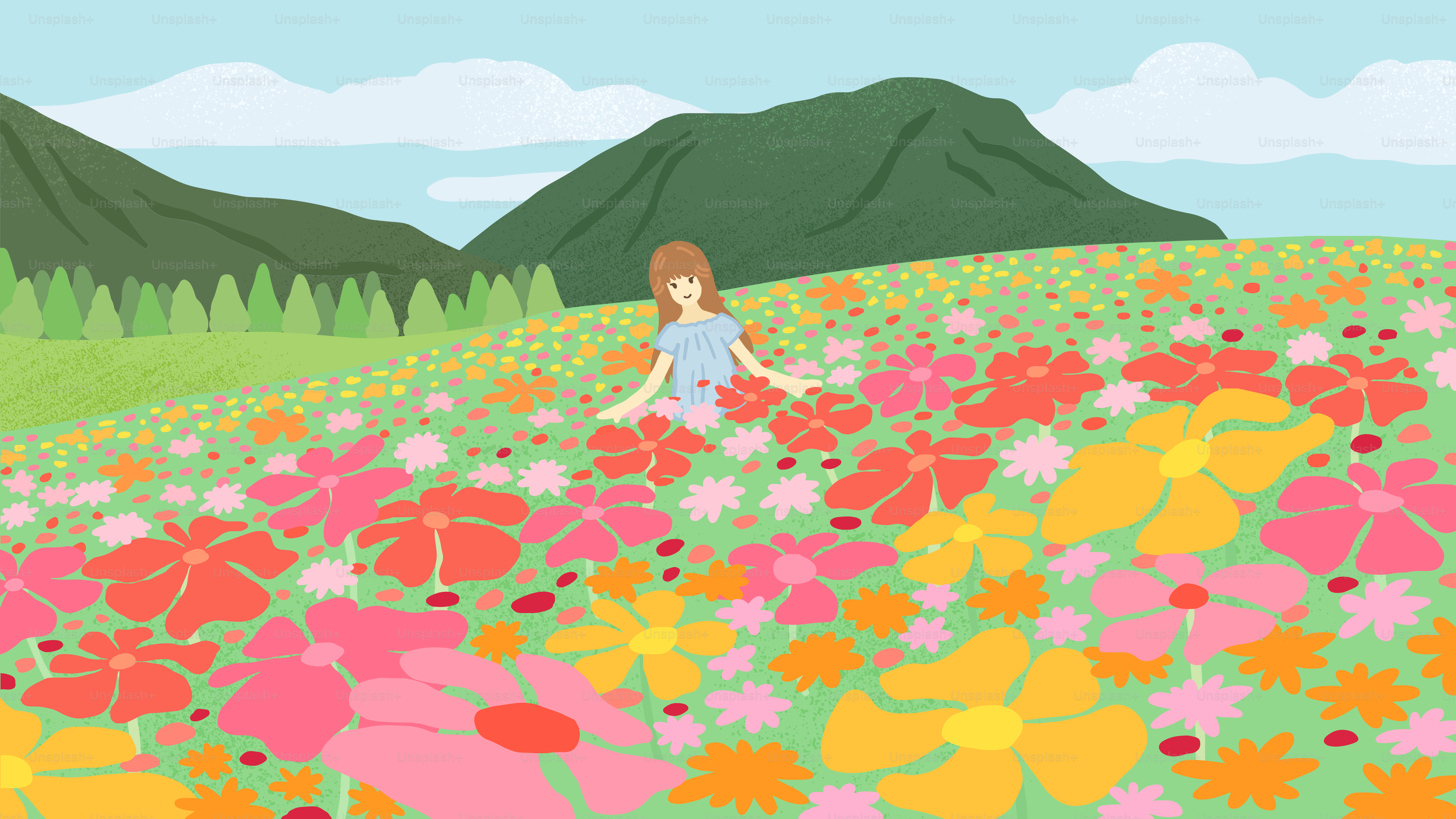 A girl in a field of flowers with mountains in the background