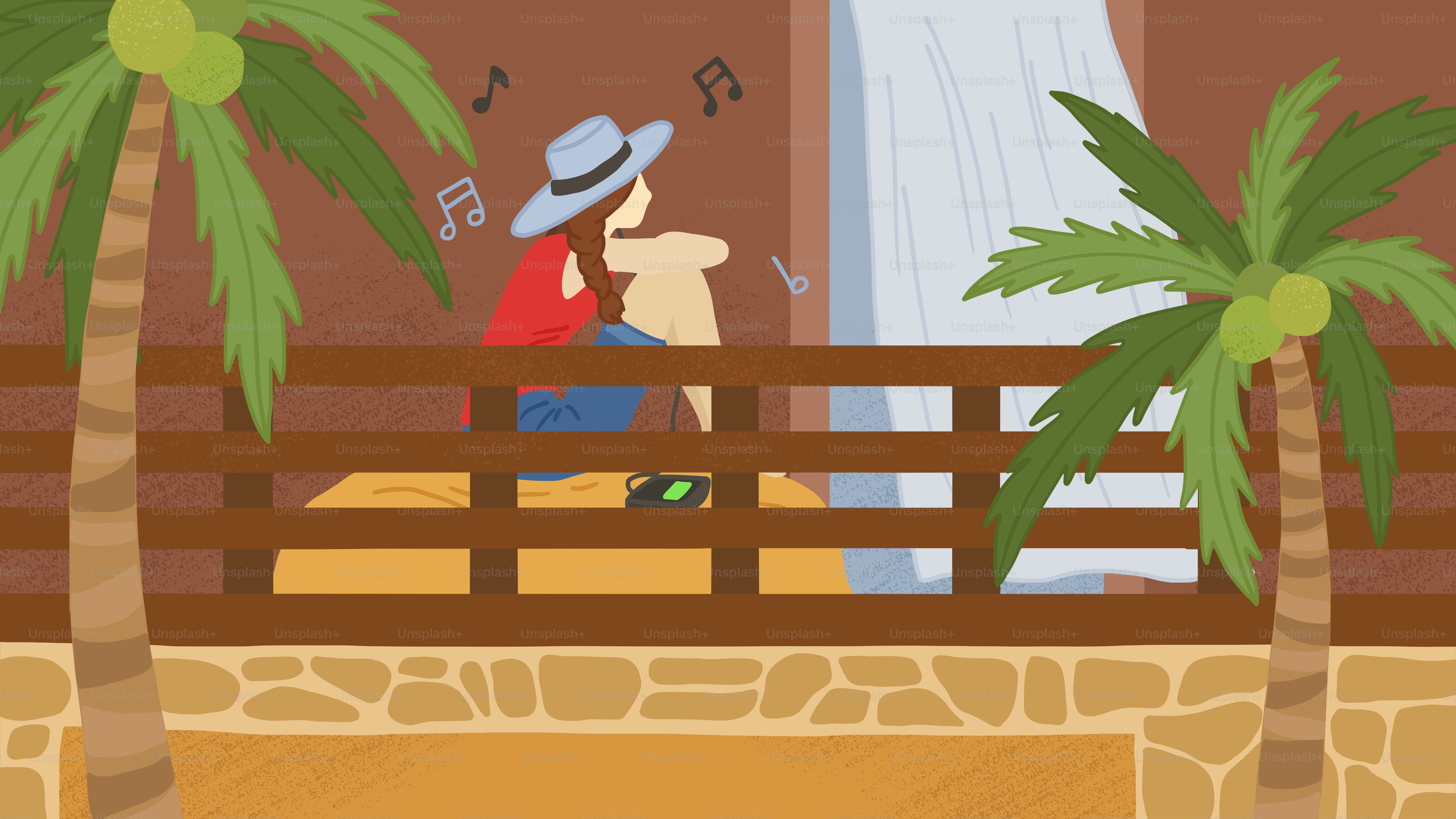 Una persona seduta su una panchina di fronte a una cascata
