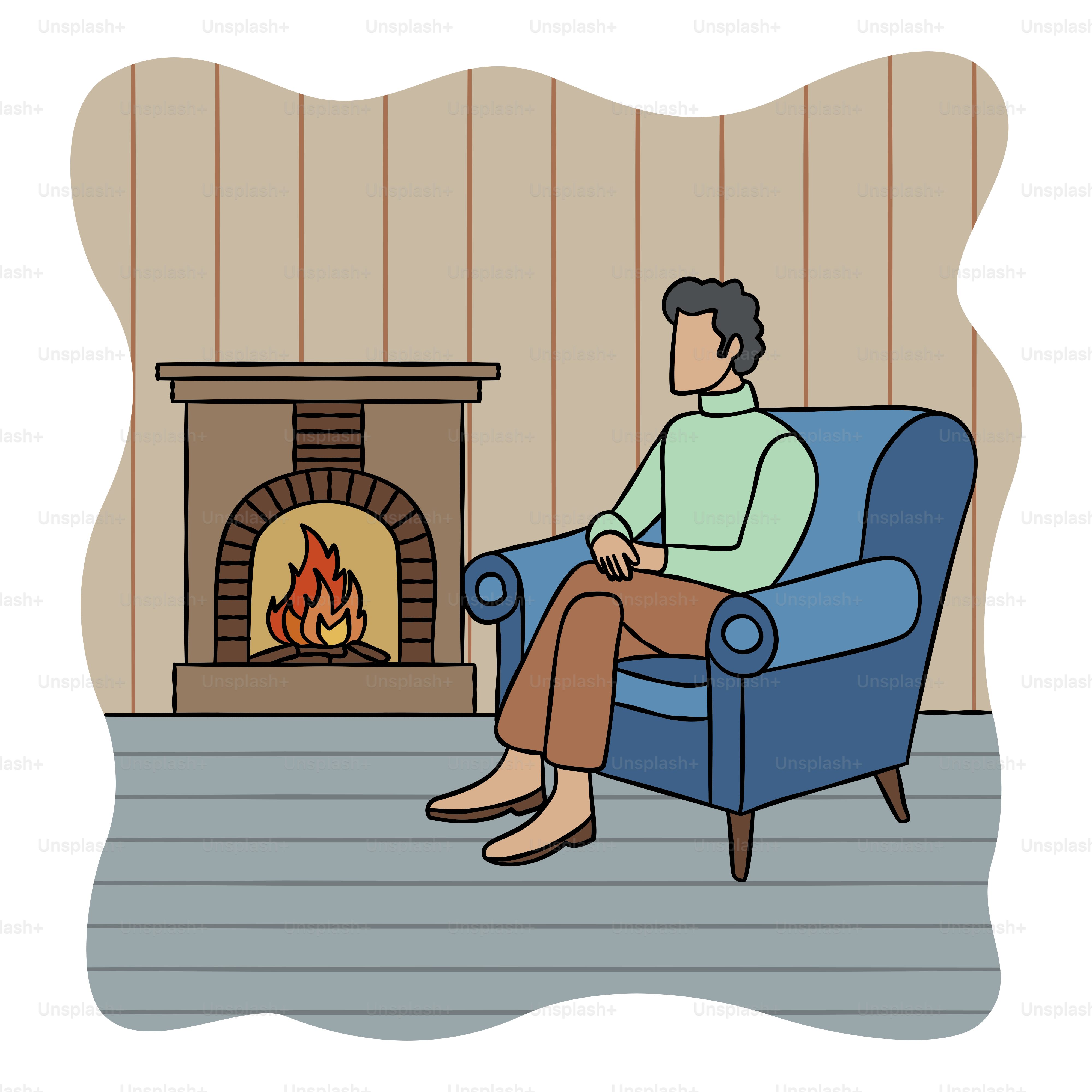 A man sitting in a chair in front of a fireplace