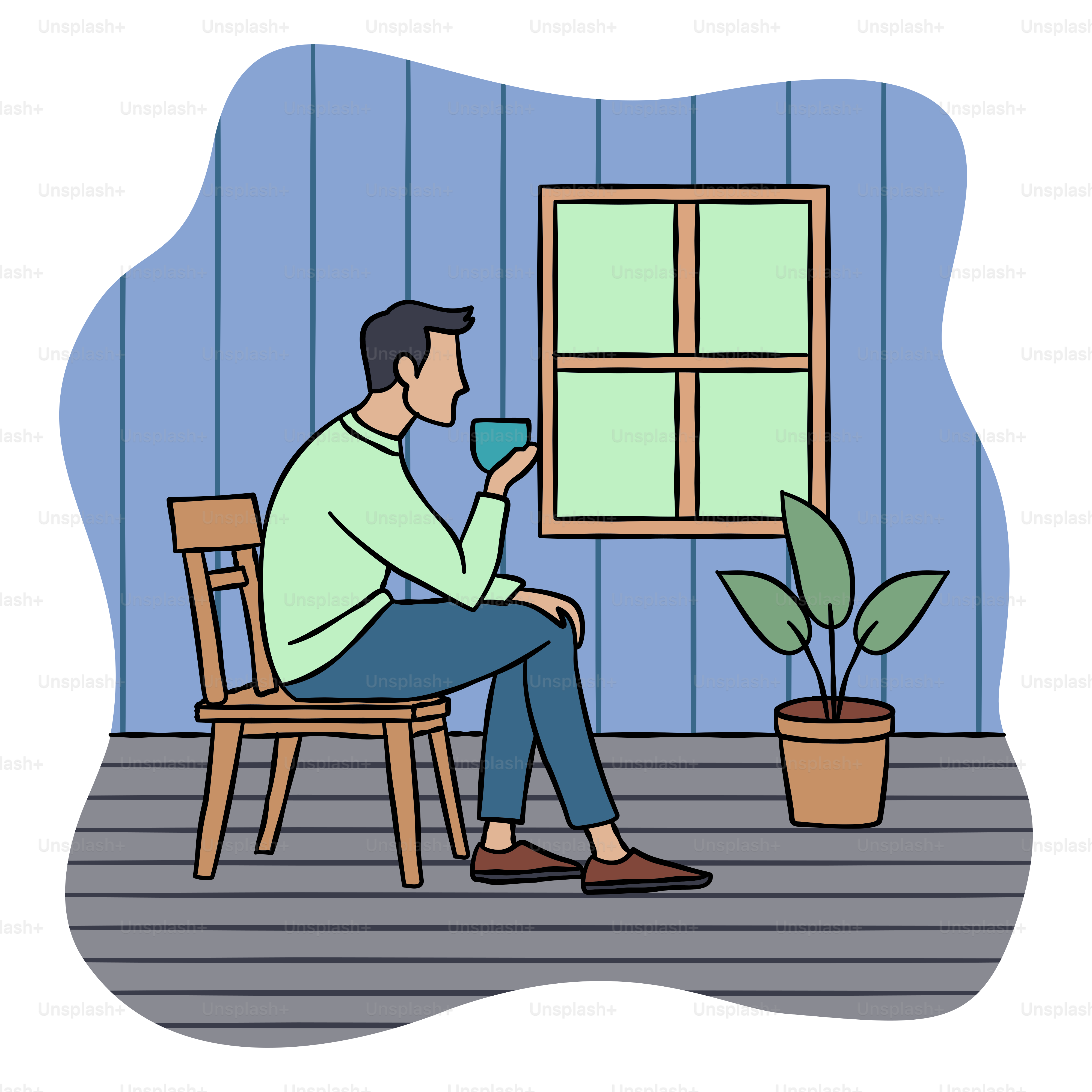 A man sitting in a chair looking out a window