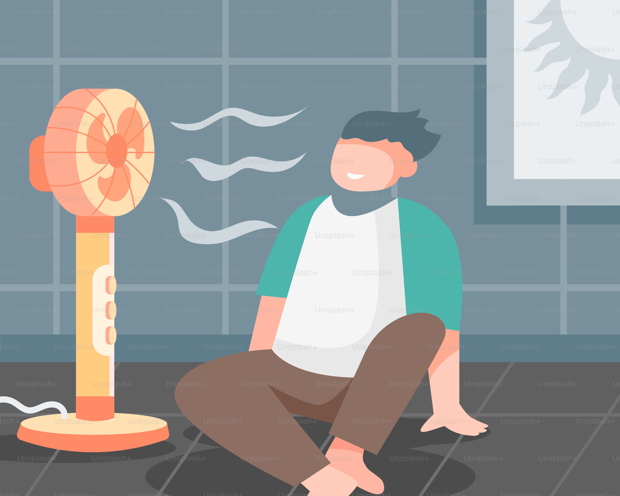 Ein Mann sitzt auf dem Boden vor einem Ventilator