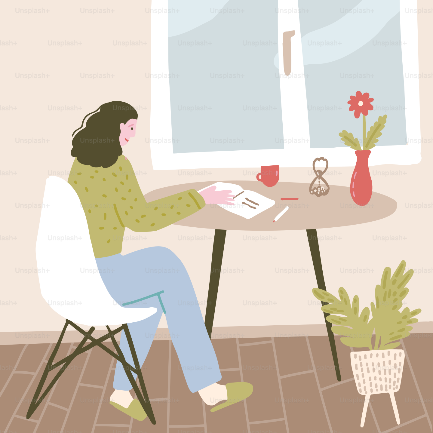 A woman sitting at a table in front of a window