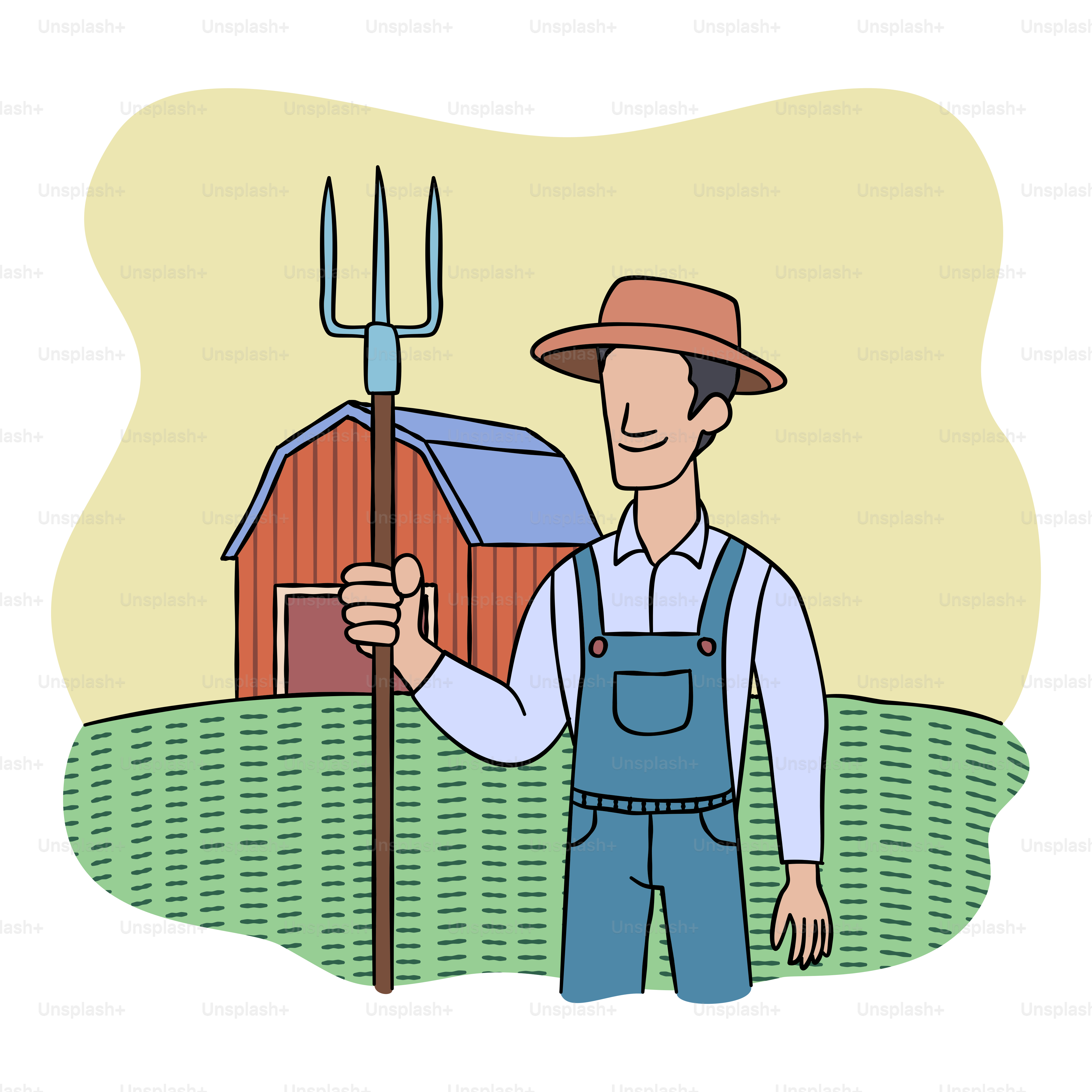 A man in overalls and a hat holding a pitchfork
