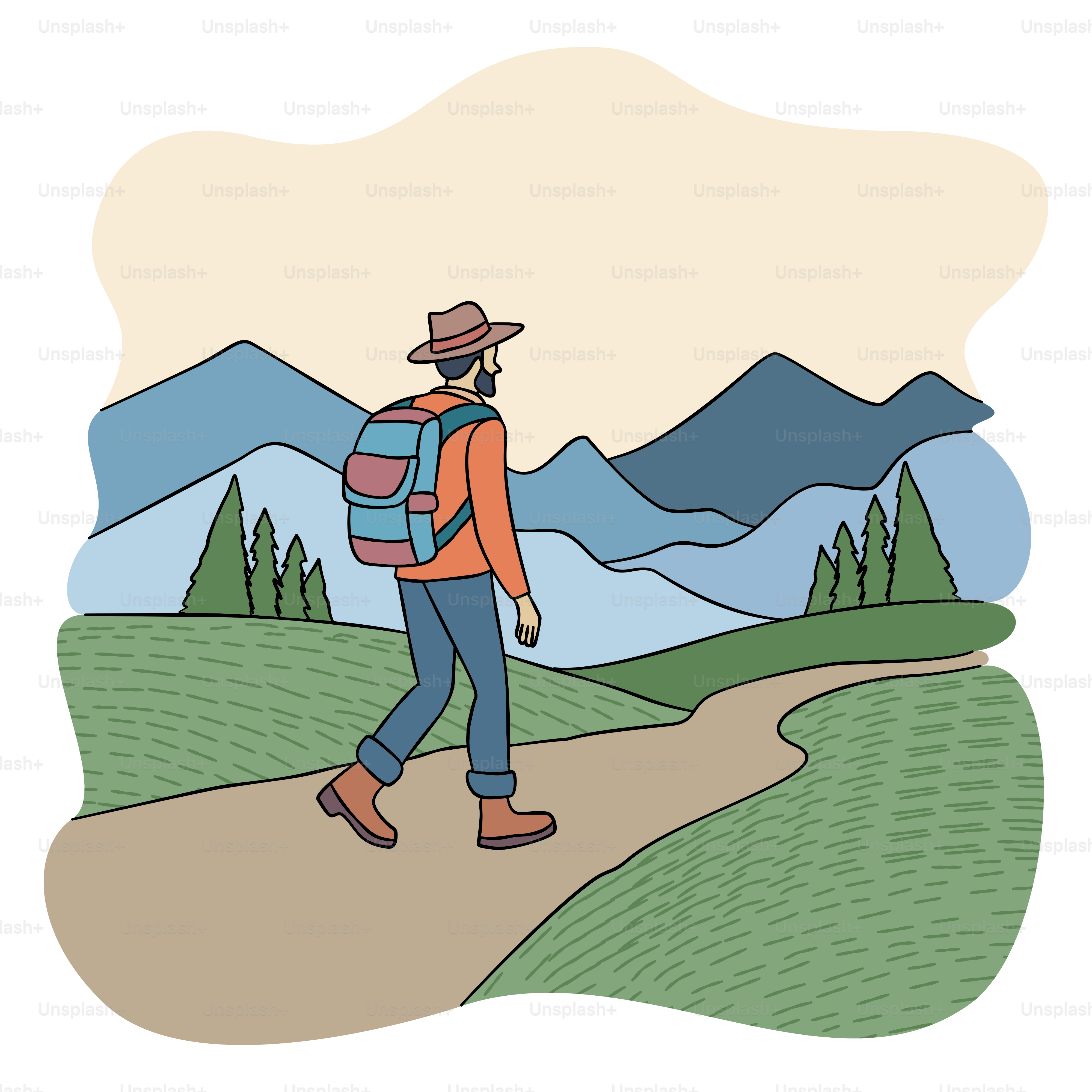 A man with a backpack is walking down a path