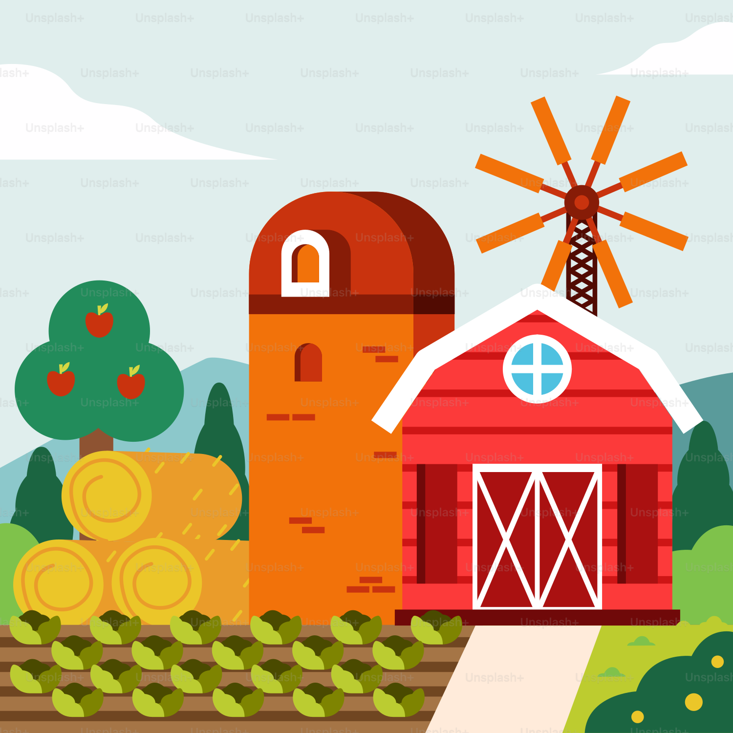 Ein Bauernhof mit einer roten Scheune und einer Windmühle