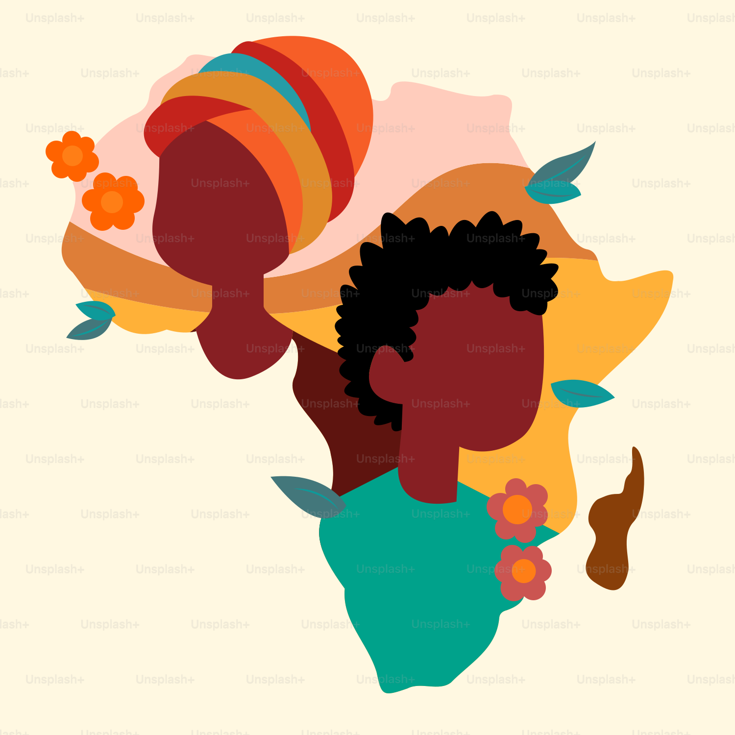 Une tête de femme avec des fleurs et des feuilles dessus