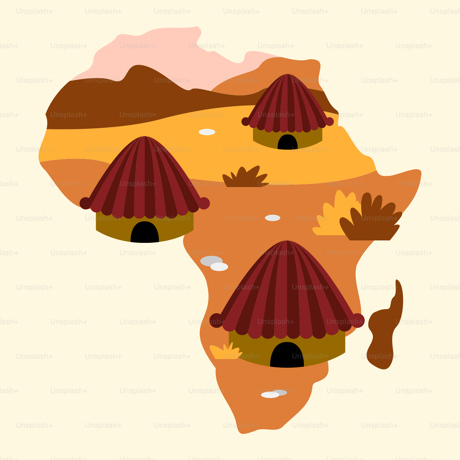 A map of africa with small huts on it