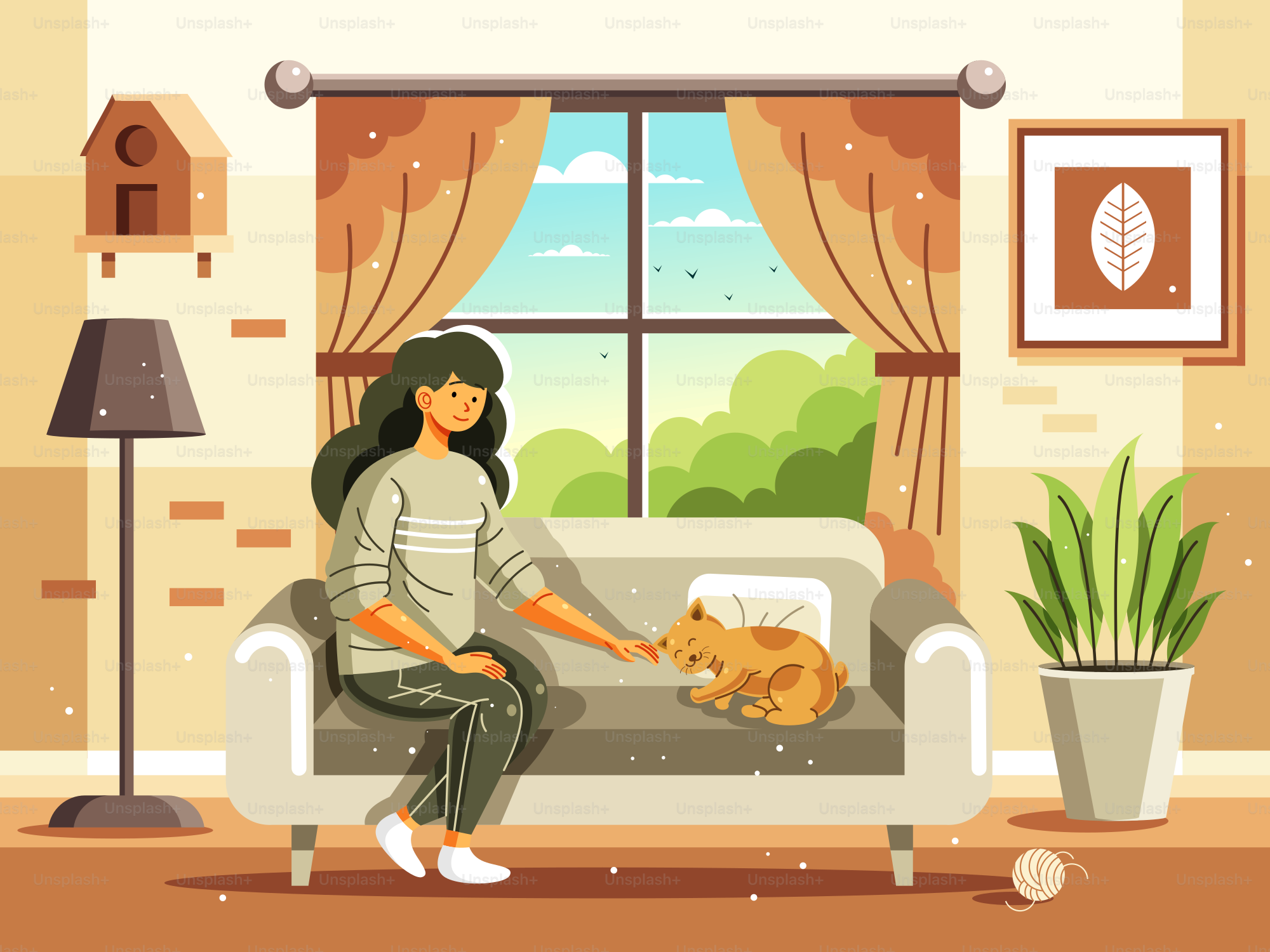 A woman sitting on a couch petting a cat