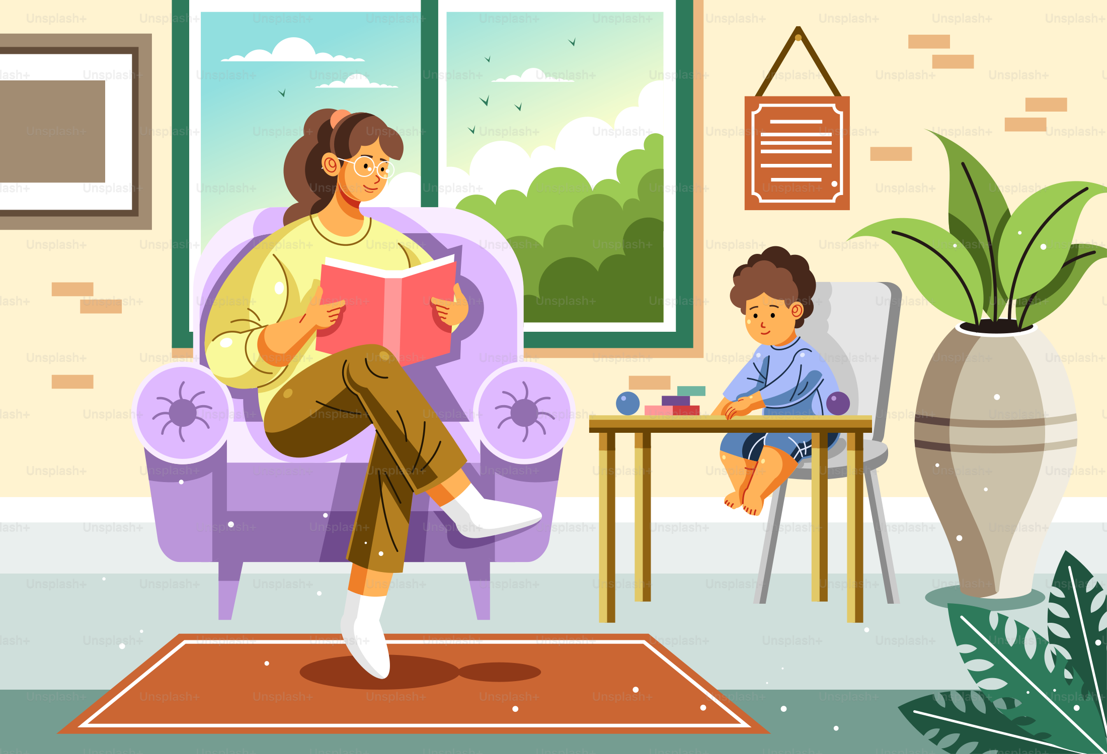 A woman sitting in a chair reading a book to a child