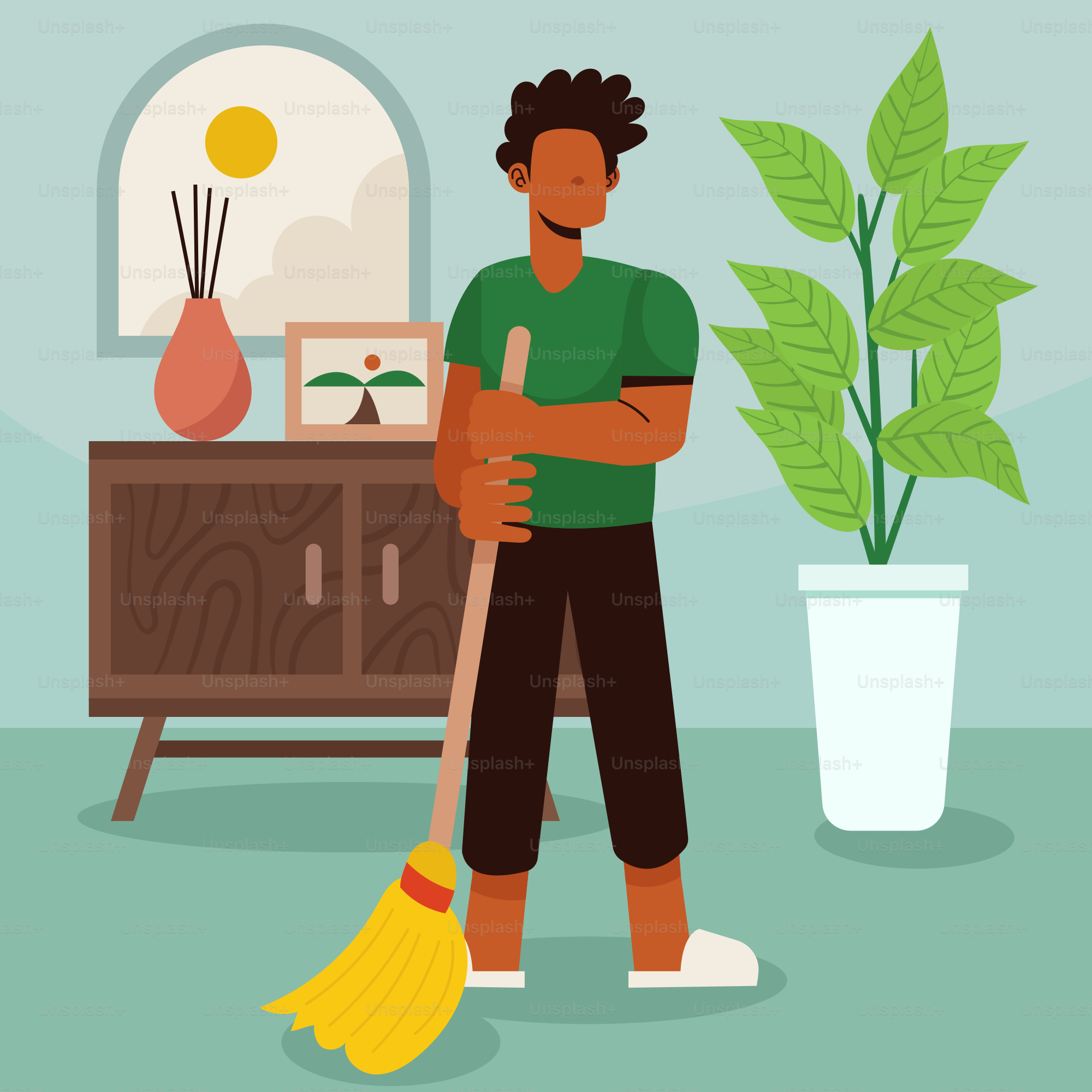 Ein Mann mit einem Besen, der neben einer Topfpflanze steht