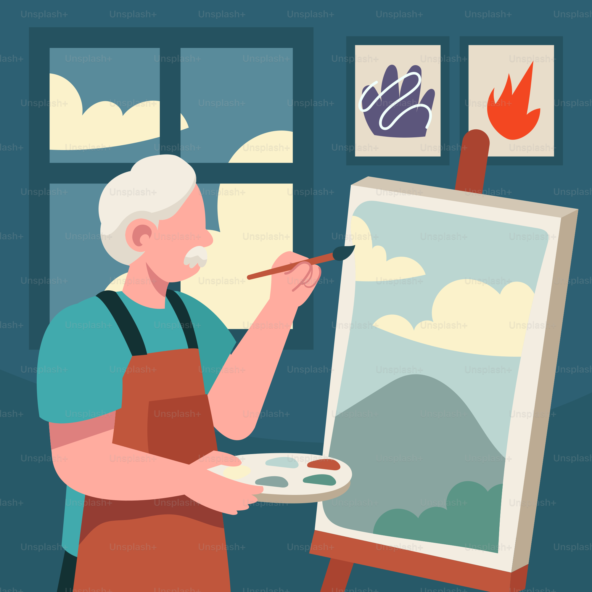 An older woman is painting a picture on a easel