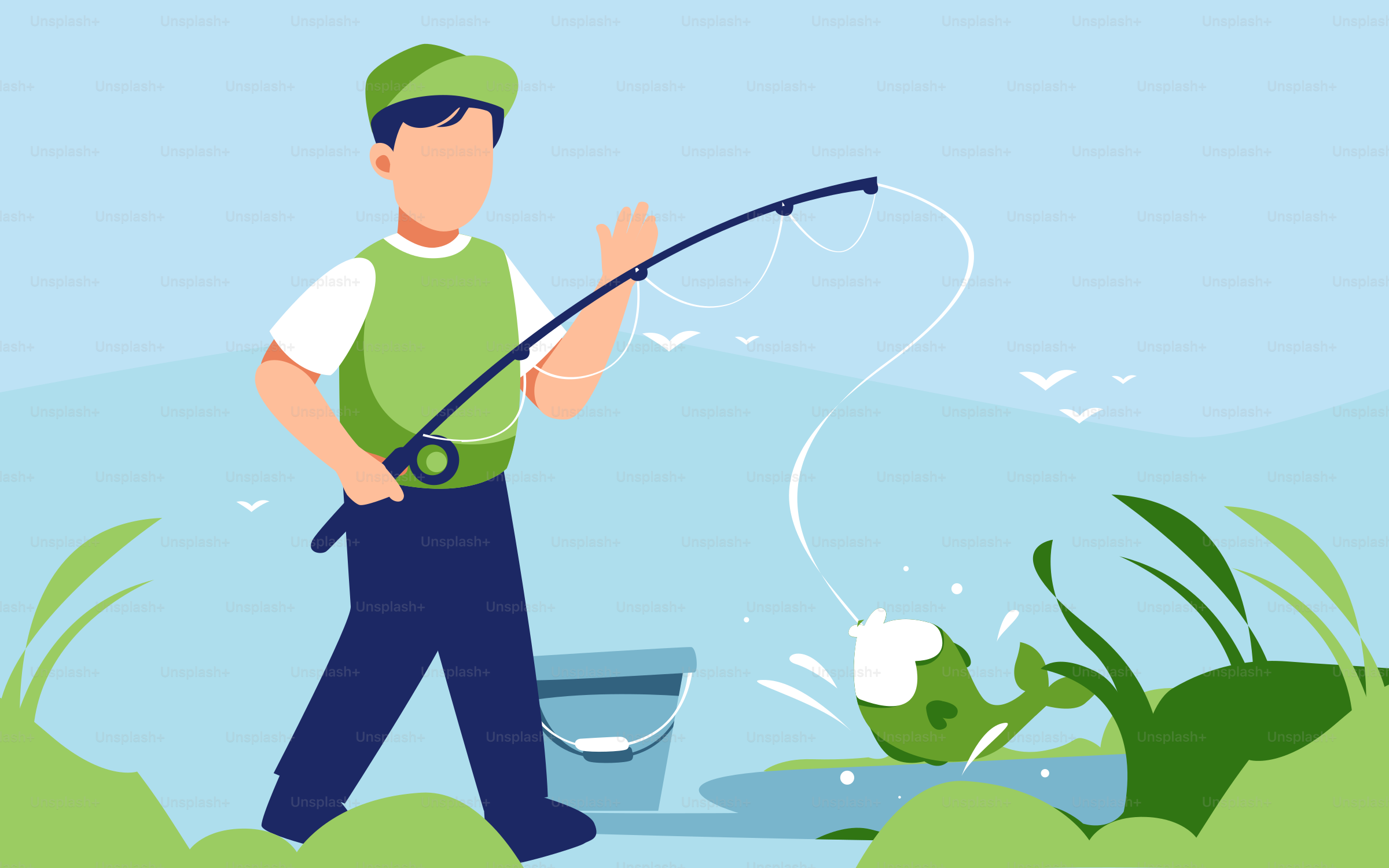 Un homme pêche dans un étang avec une grenouille