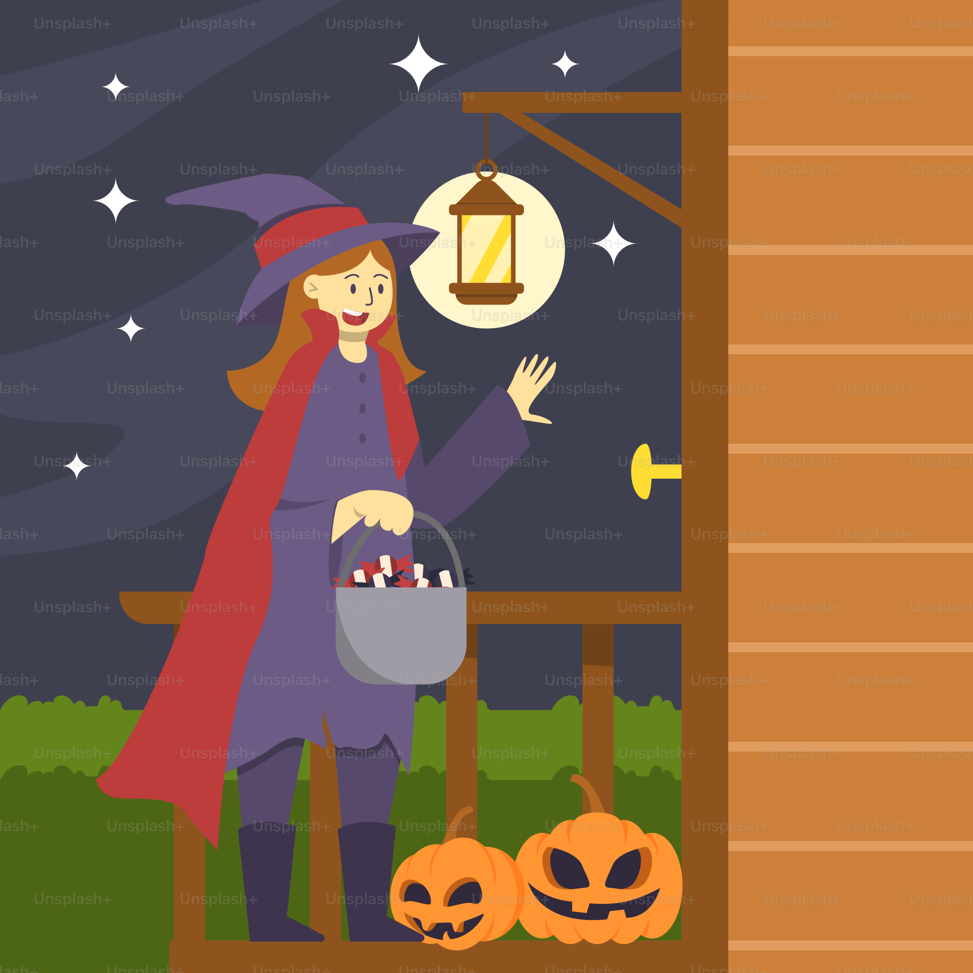 A woman dressed as a witch holding a bucket