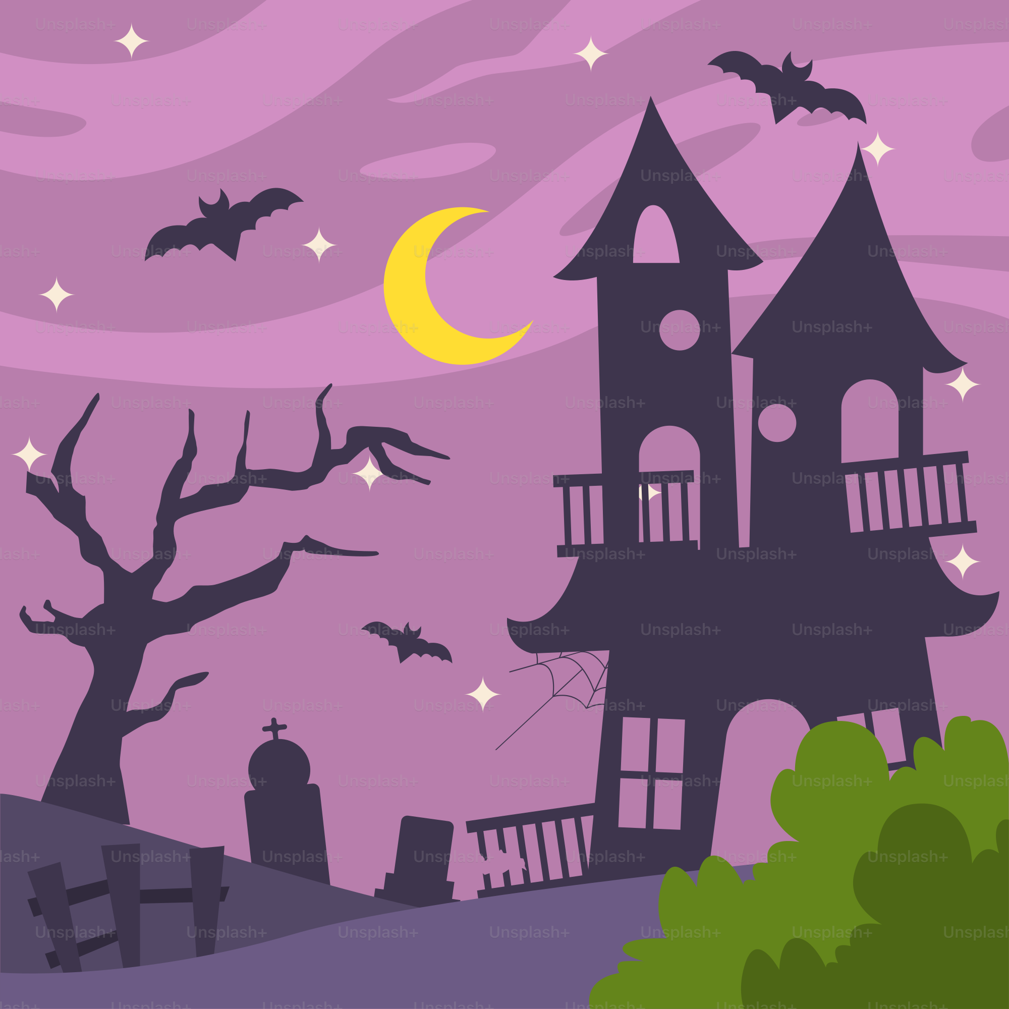 Una escena de Halloween con una casa espeluznante y murciélagos