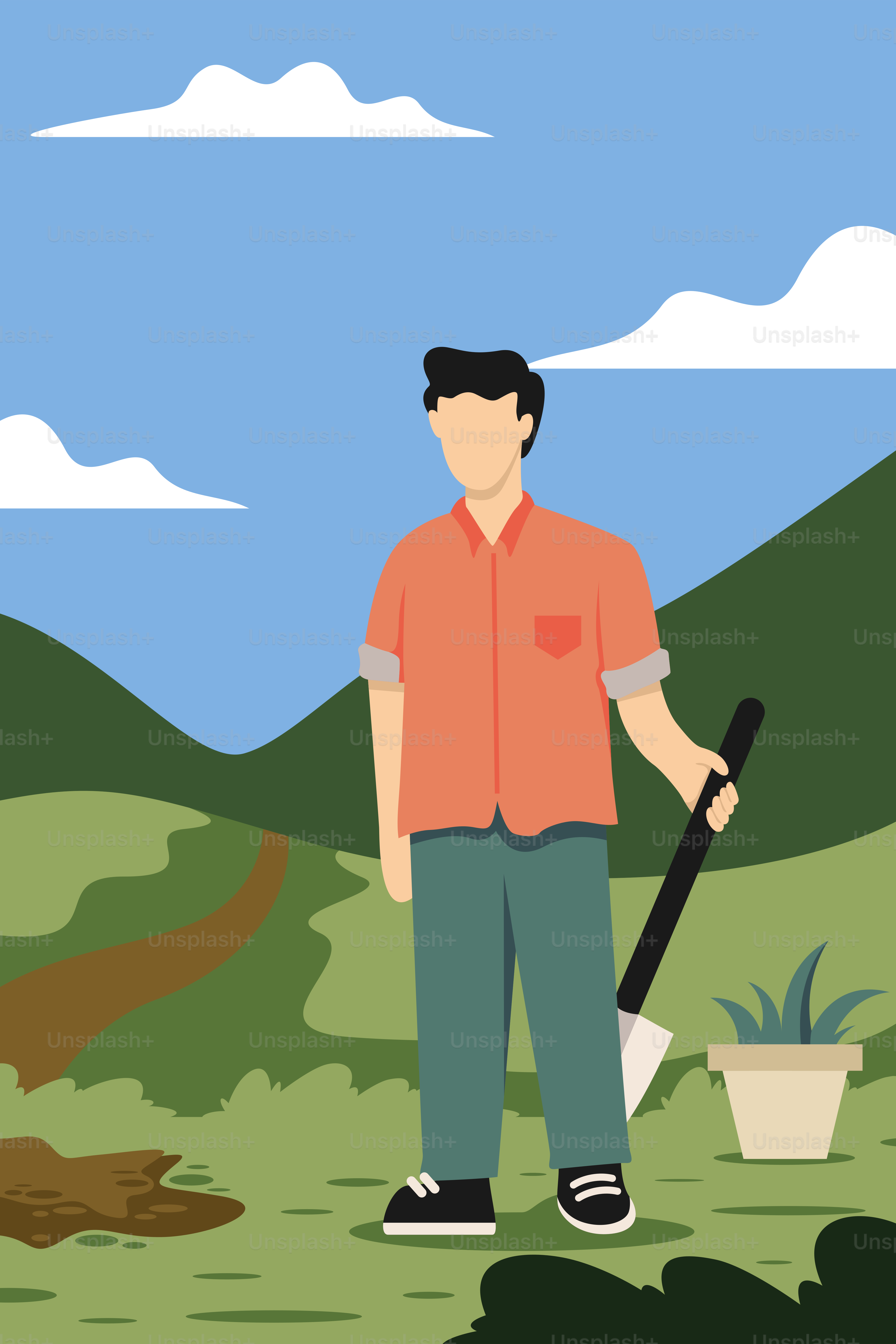 A man standing in a field holding a shovel
