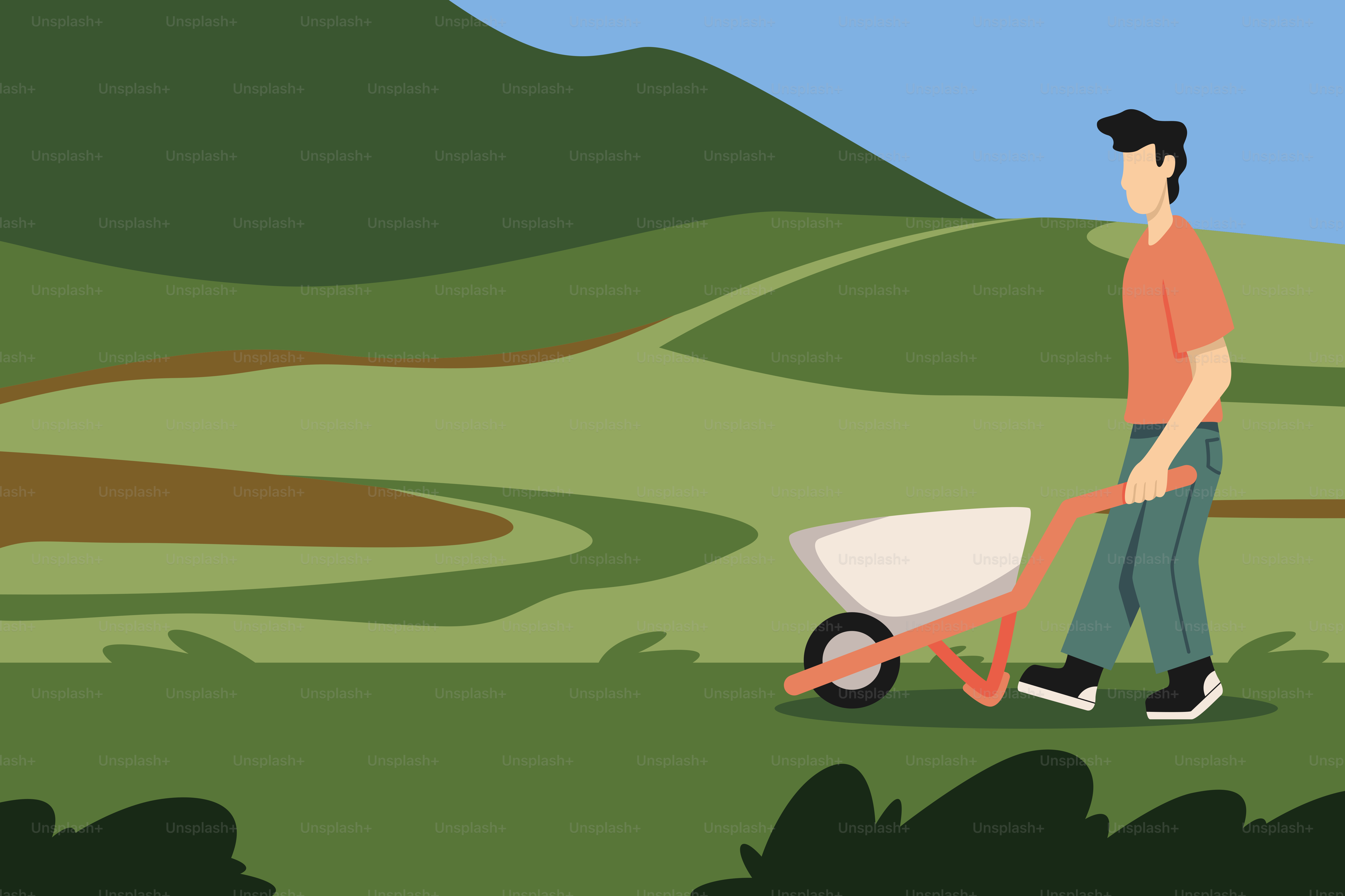 A man pushing a wheelbarrow in a field