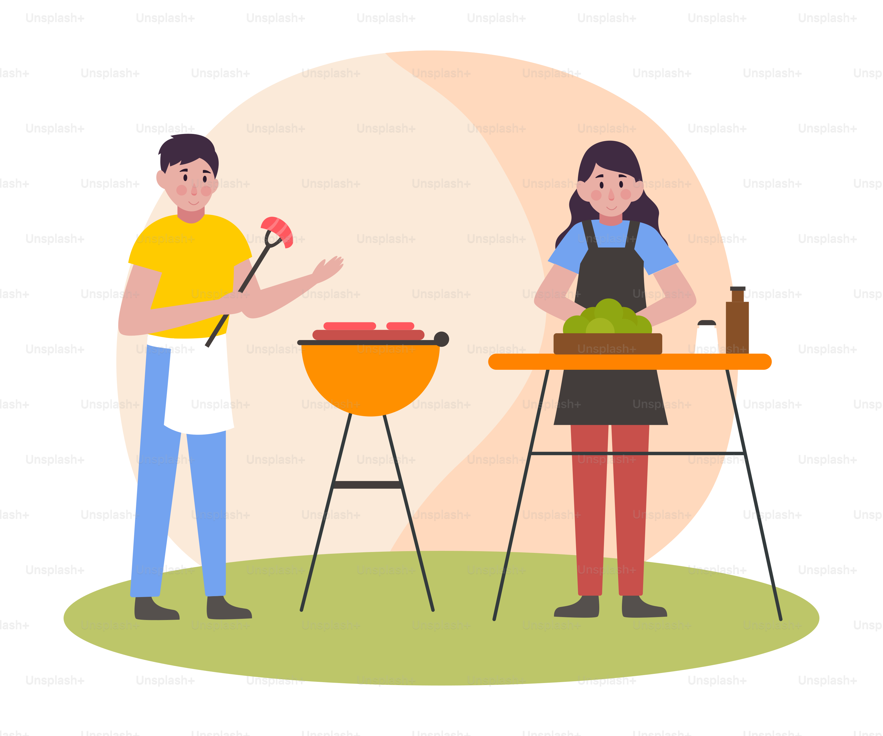 A man and a woman cooking on a grill