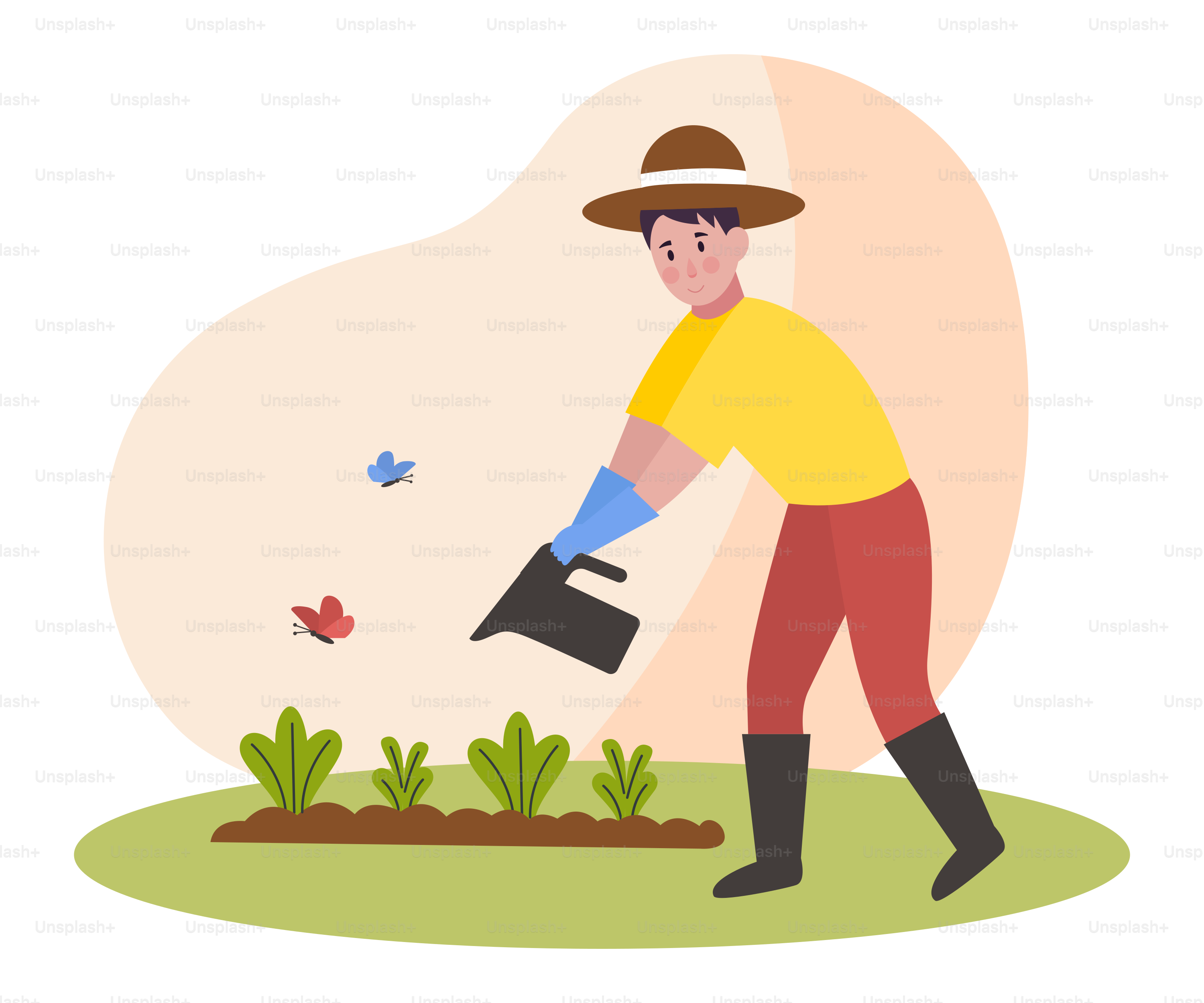 Ein Mann mit Hut und roter Hose hält eine Schaufel in der Hand