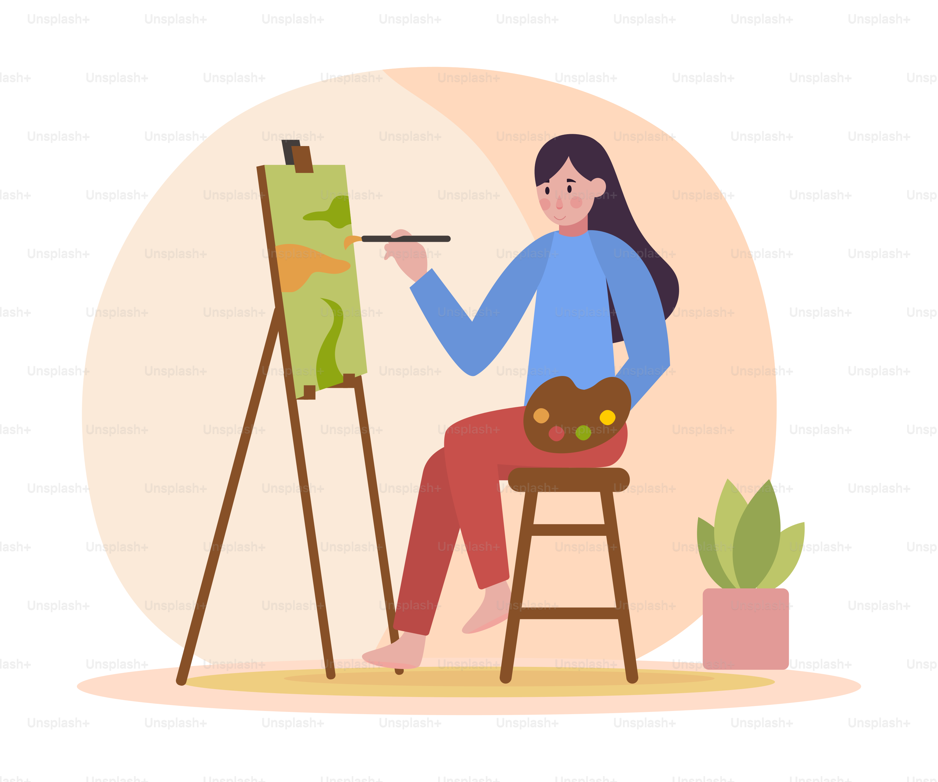 A woman sitting in front of a easel painting a picture