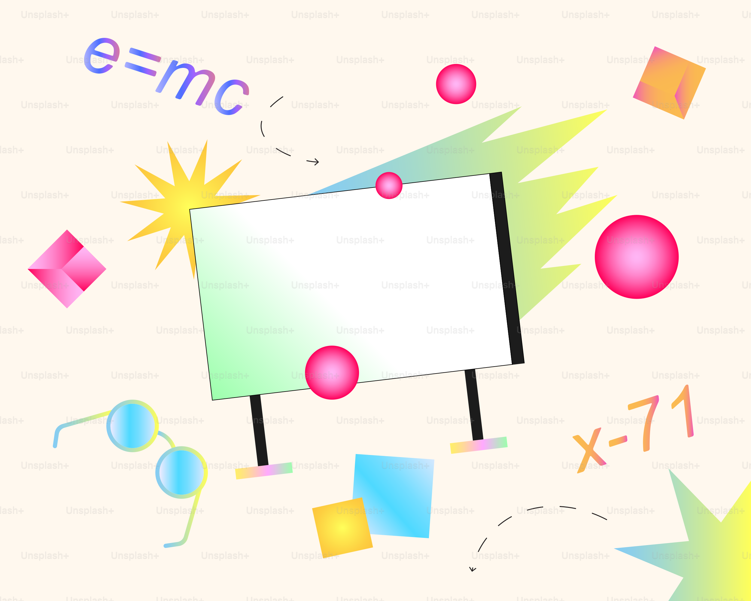A picture of a white board surrounded by colorful shapes