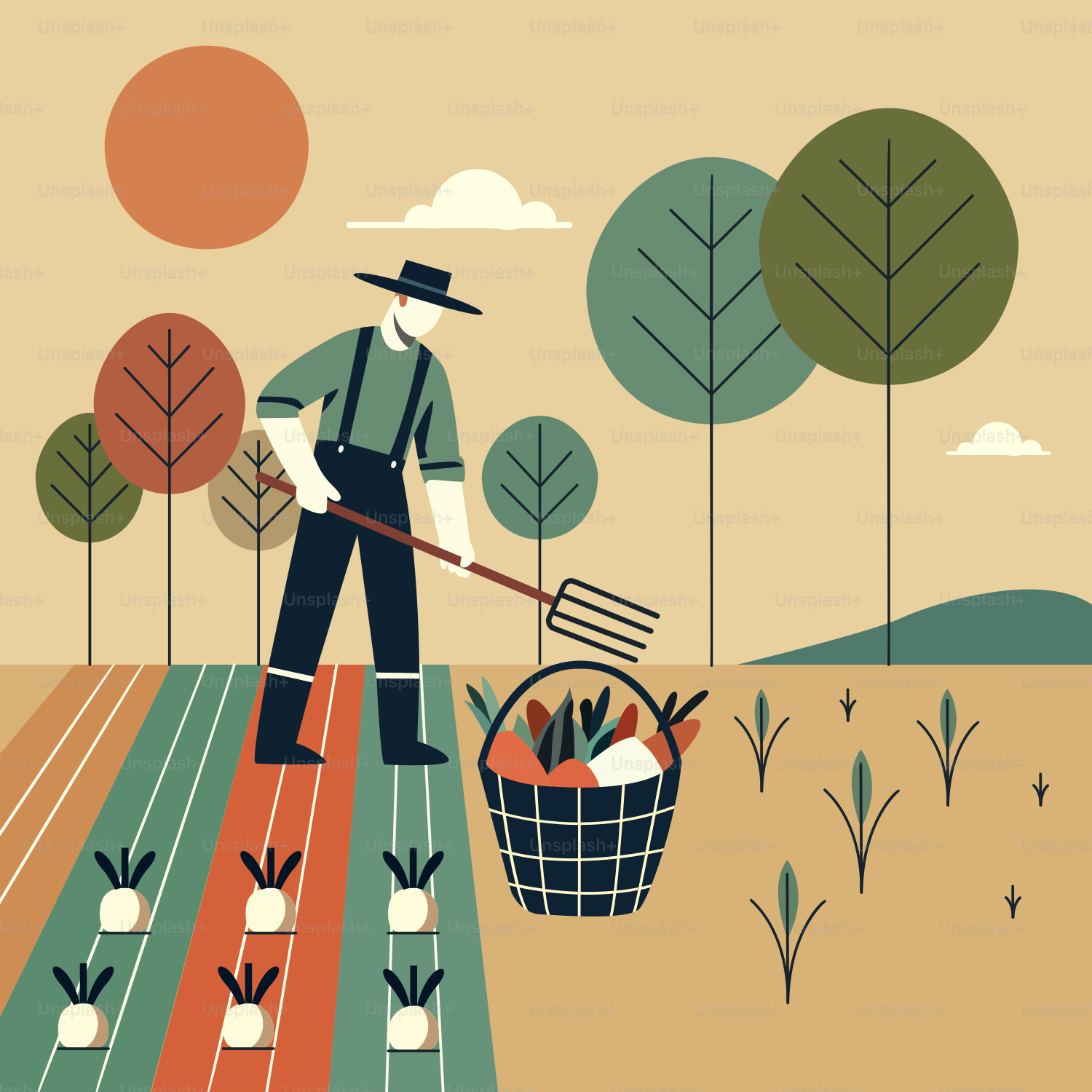 Ein Mann steht mit einer Schaufel auf einem Feld