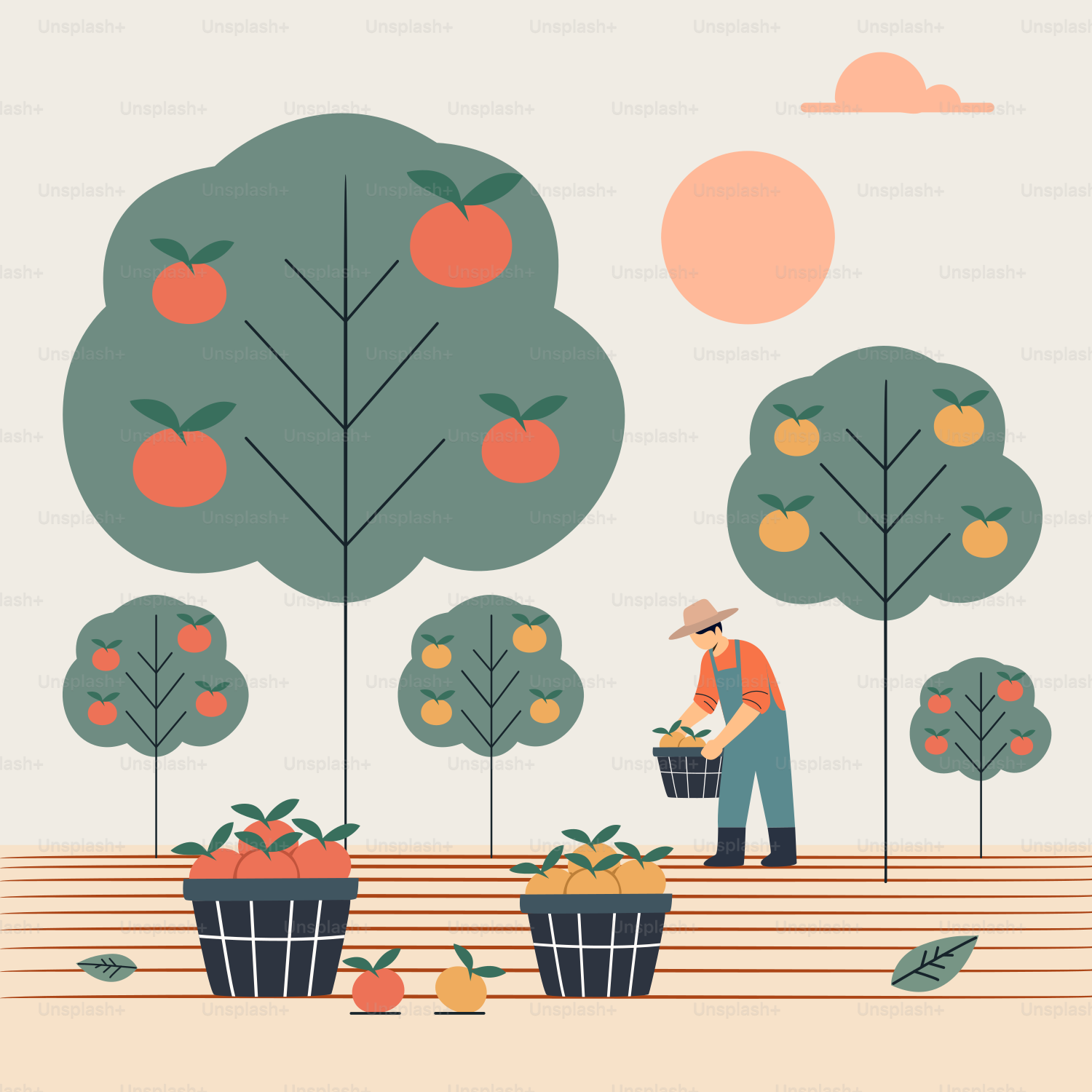 An illustration of a man picking apples from a tree