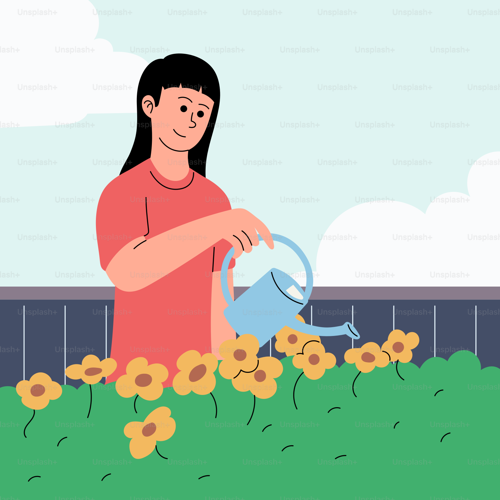 A woman watering flowers with a watering can