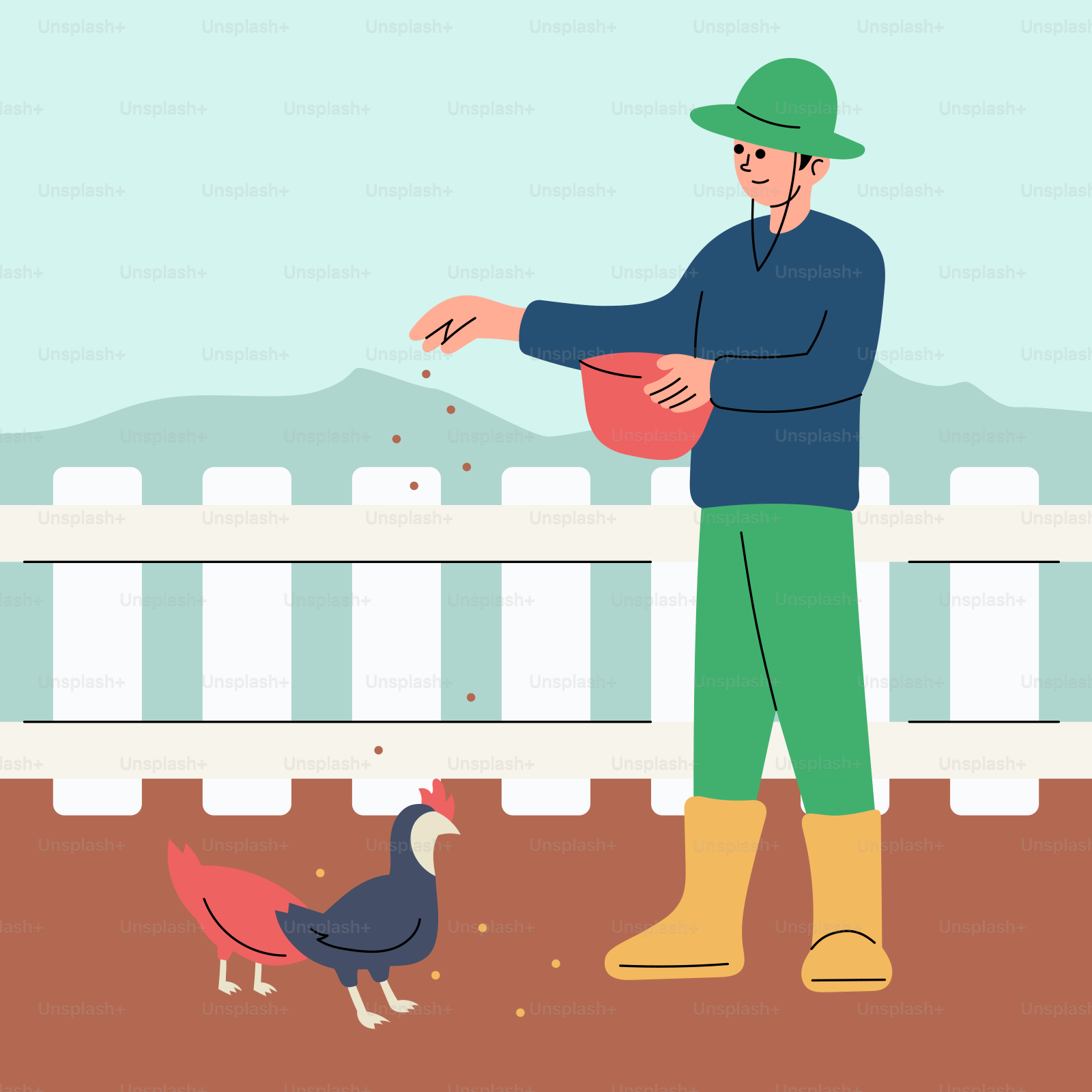 Un homme debout à côté d’un poulet dans un champ