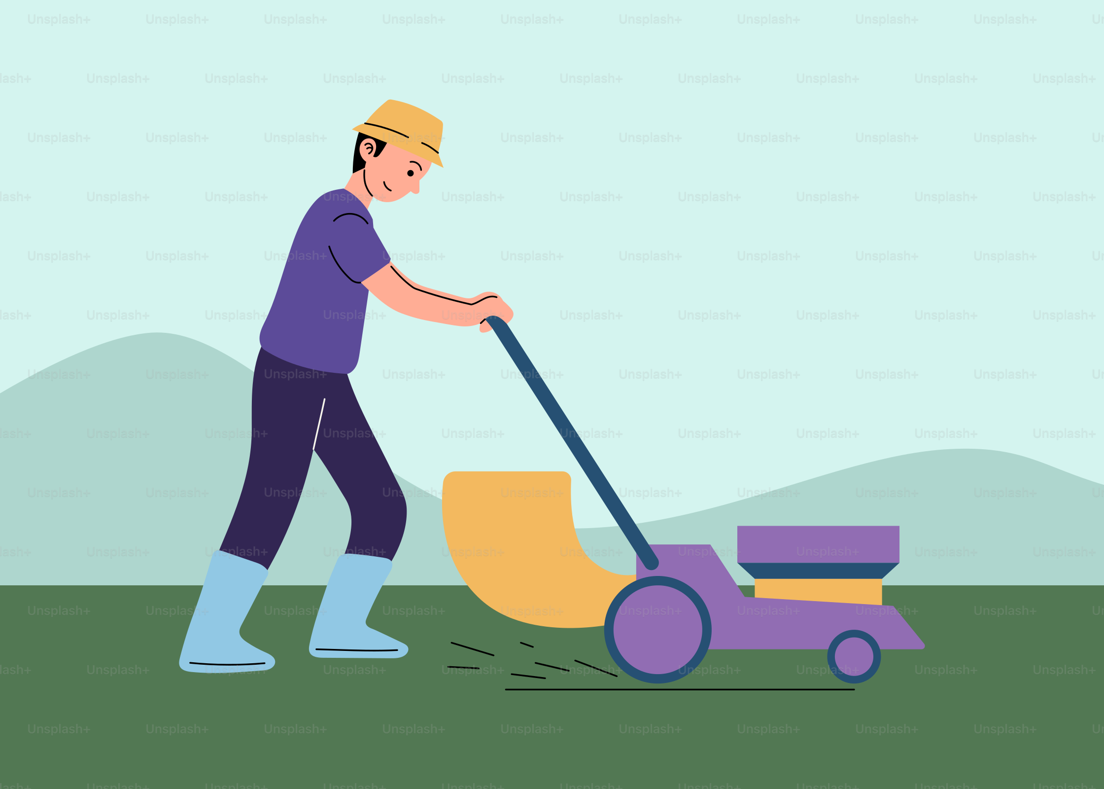 A man pushing a lawn mower in a field