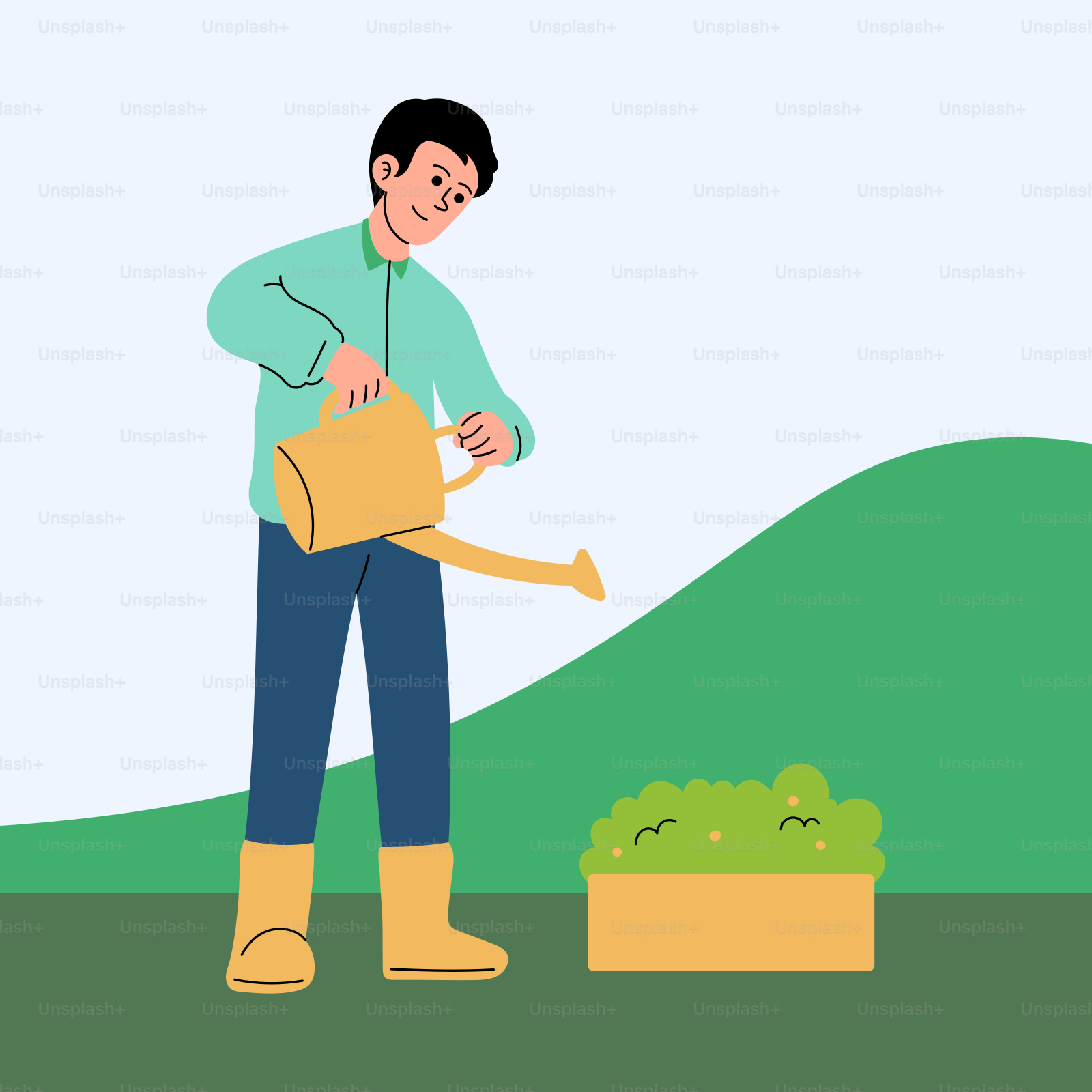 A man with a watering can and a bucket