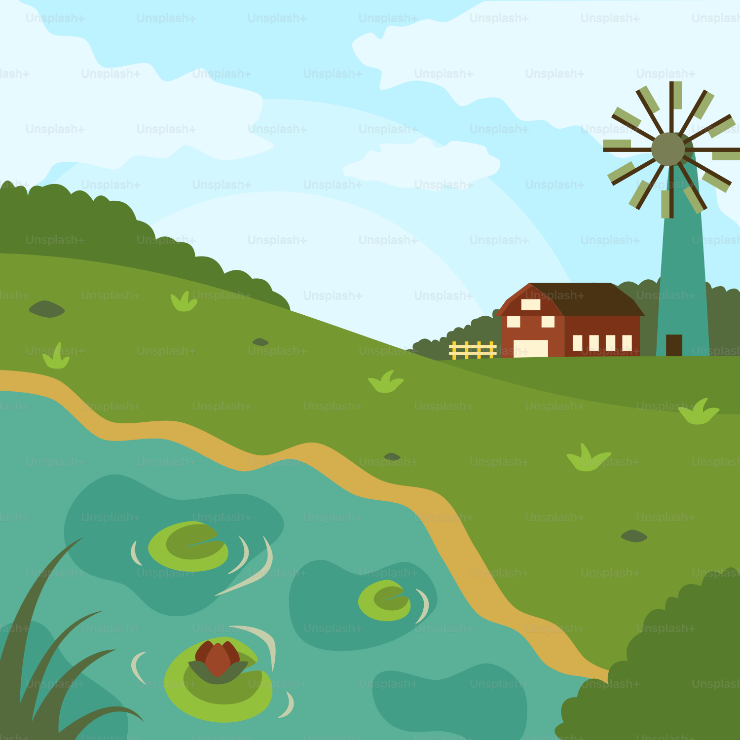 Une scène de ferme avec un étang et un moulin à vent